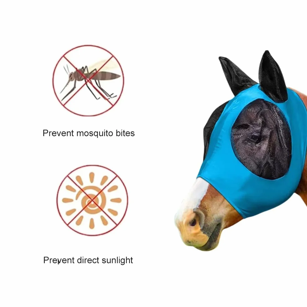 Maschera Anti-Mosche per Cavallo UV Protezione, Maschera Cavallo Antimosche,Maschera per mosche a cavallo,Leggera e Traspirante,con para Orecchie,per la Protezione del Cavallo,Blu