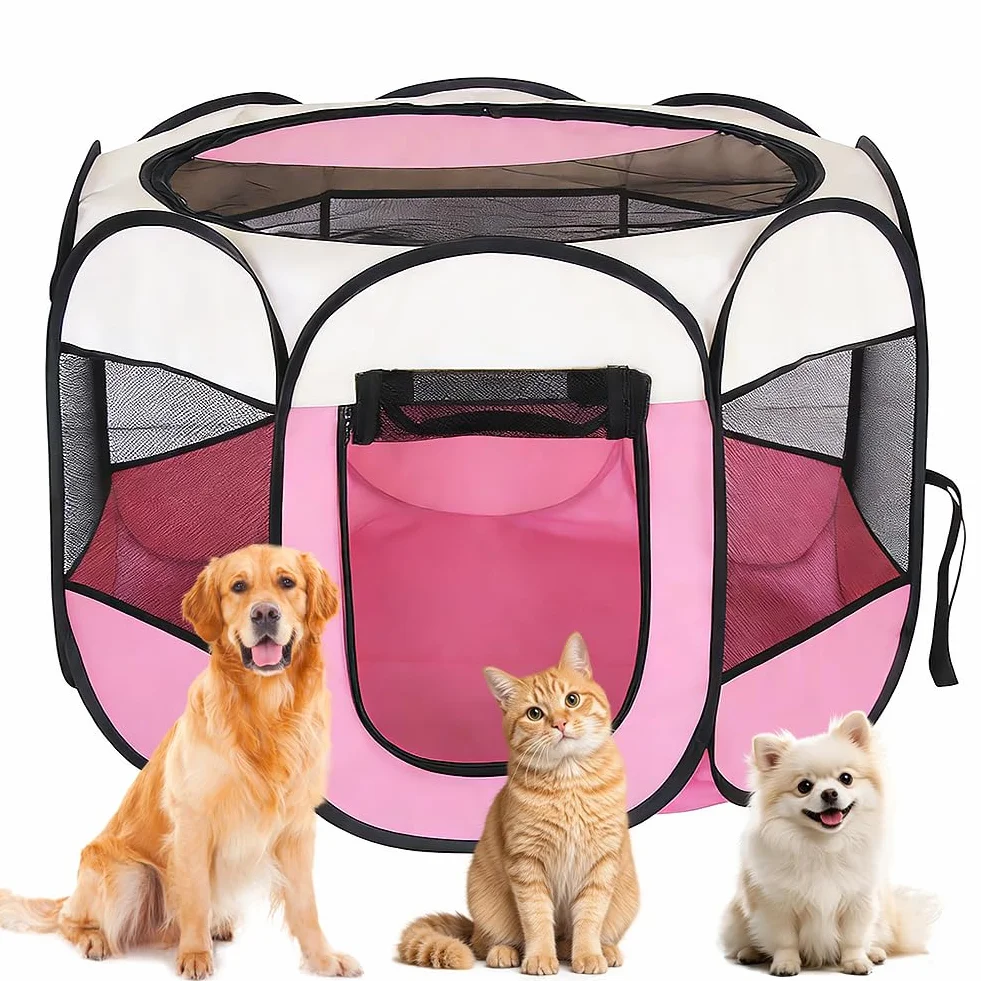 Gabbia per cuccioli per animali domestici, XXL, per cuccioli, per esterni e interni, per piccoli animali come cani e gatti (beige + rosa)