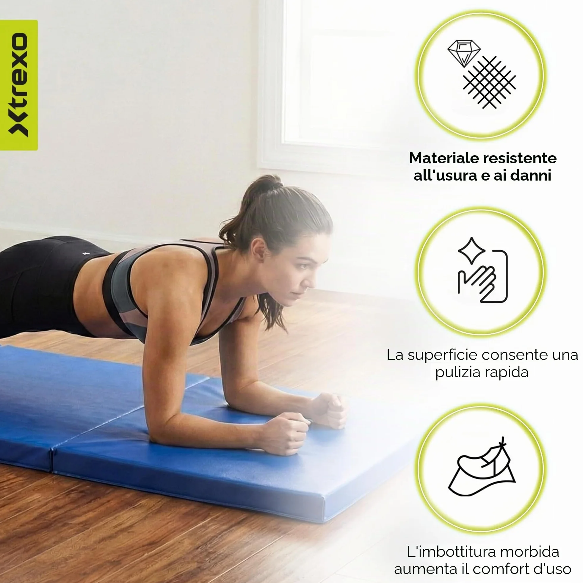 XTREXO Materasso da ginnastica pieghevole, 180 x 60 x 5 cm, 3 pezzi, rivestimento in pelle ecologica resistente all'abrasione, schiuma di polietilene flessibile, maniglia per il trasporto, facile da