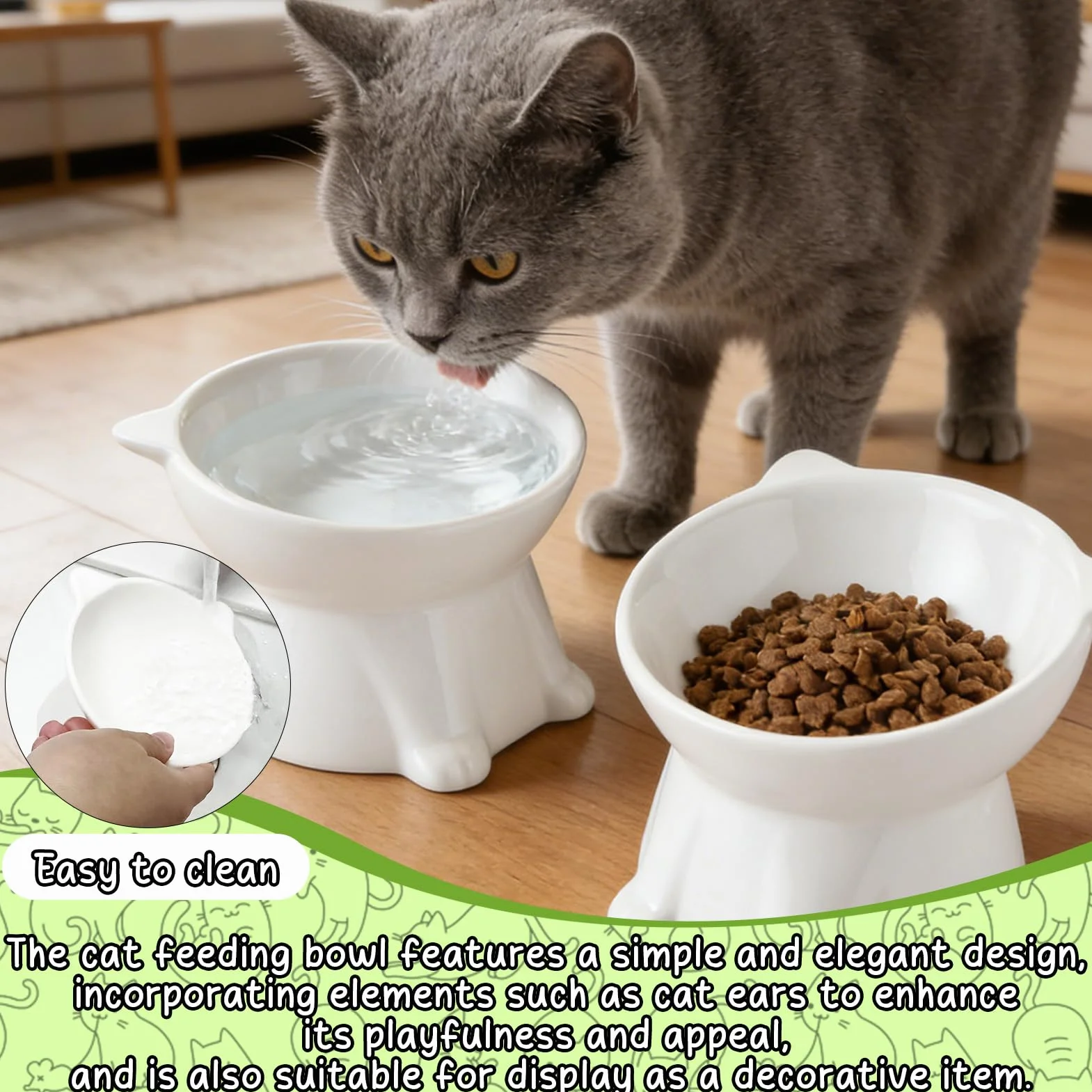 2 Pezzi Ciotole per Gatti Rialzate e Inclinate, Ciotola Acqua Gatto Inclinata di 15°,facile da Pulire,Base Stabile, Adatta a Gatti e Cani di Piccola Taglia(Bianco)