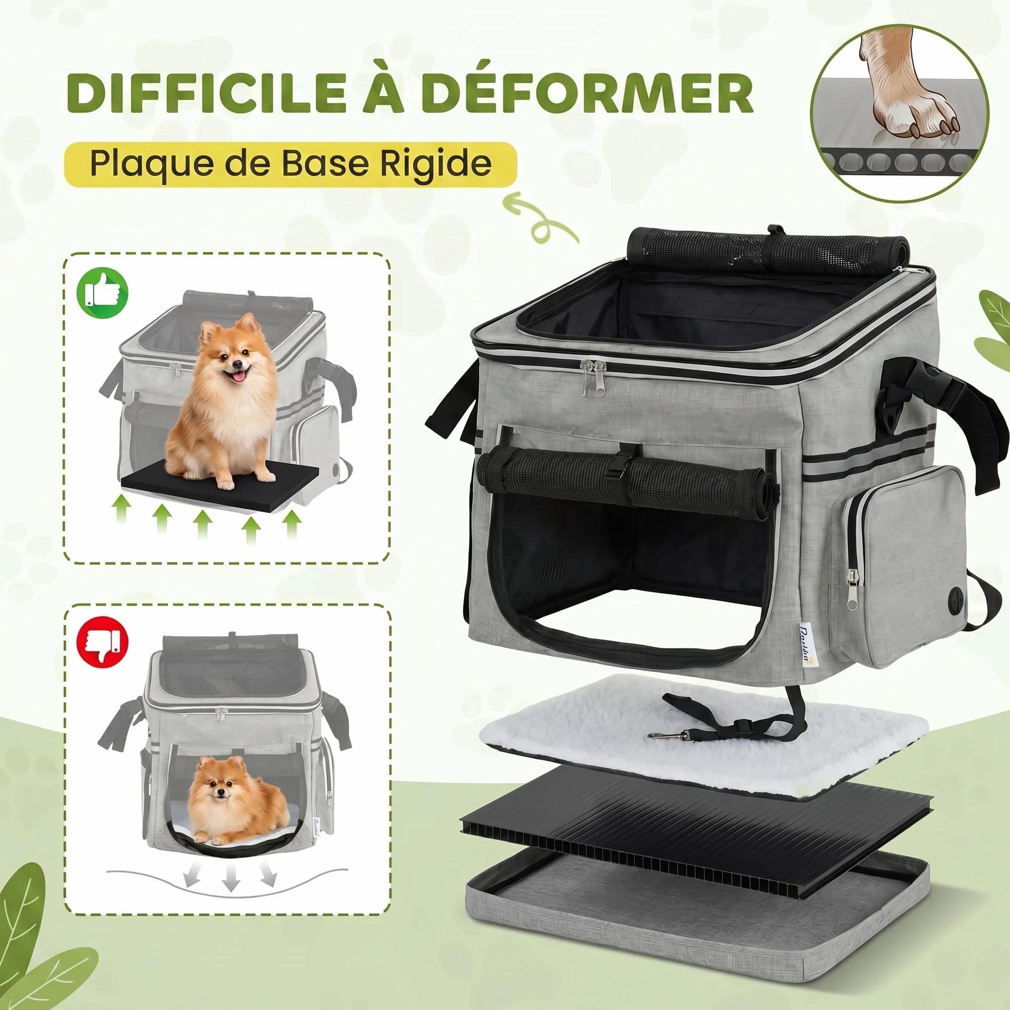 PawHut Cestello da bicicletta Anteriore per Cani Gatti, Cestino Bici Anteriore Portatile con Guinzaglio di Sicurezza, Base Rigida Rimovibile, Coperchio Staccabile, Cuscino Soffice, Finestre e Porta
