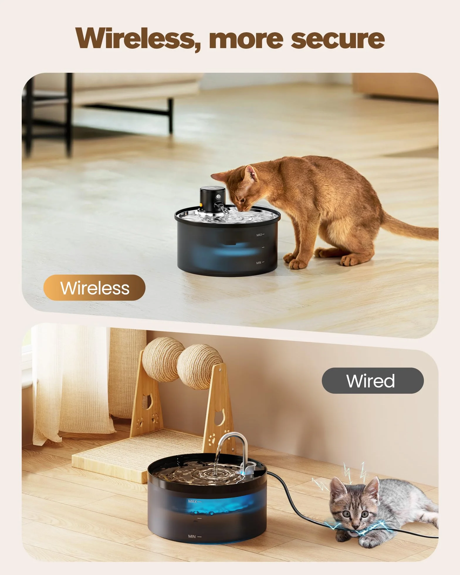 Fontanella per Gatti senza Fili: Fontana per Gatti - 3.2L Fontanella Gatto con Sensore di Movimento - Fontana Gatto Batteria - Dispenser Acqua Gattis con Pila 4000mAh - Acciaio Vassoio per Bere