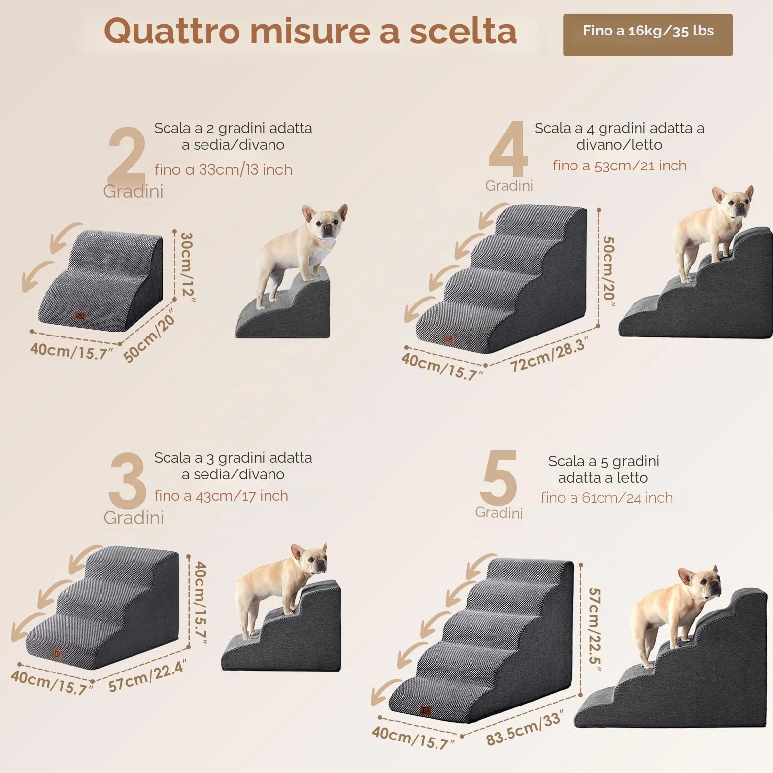 EHEYCIGA Scaletta per Cani 3 Gradini 40 cm, Scala Antiscivolo per Letto e Divano, Rivestimento Rimovibile e Lavabile, Grigio