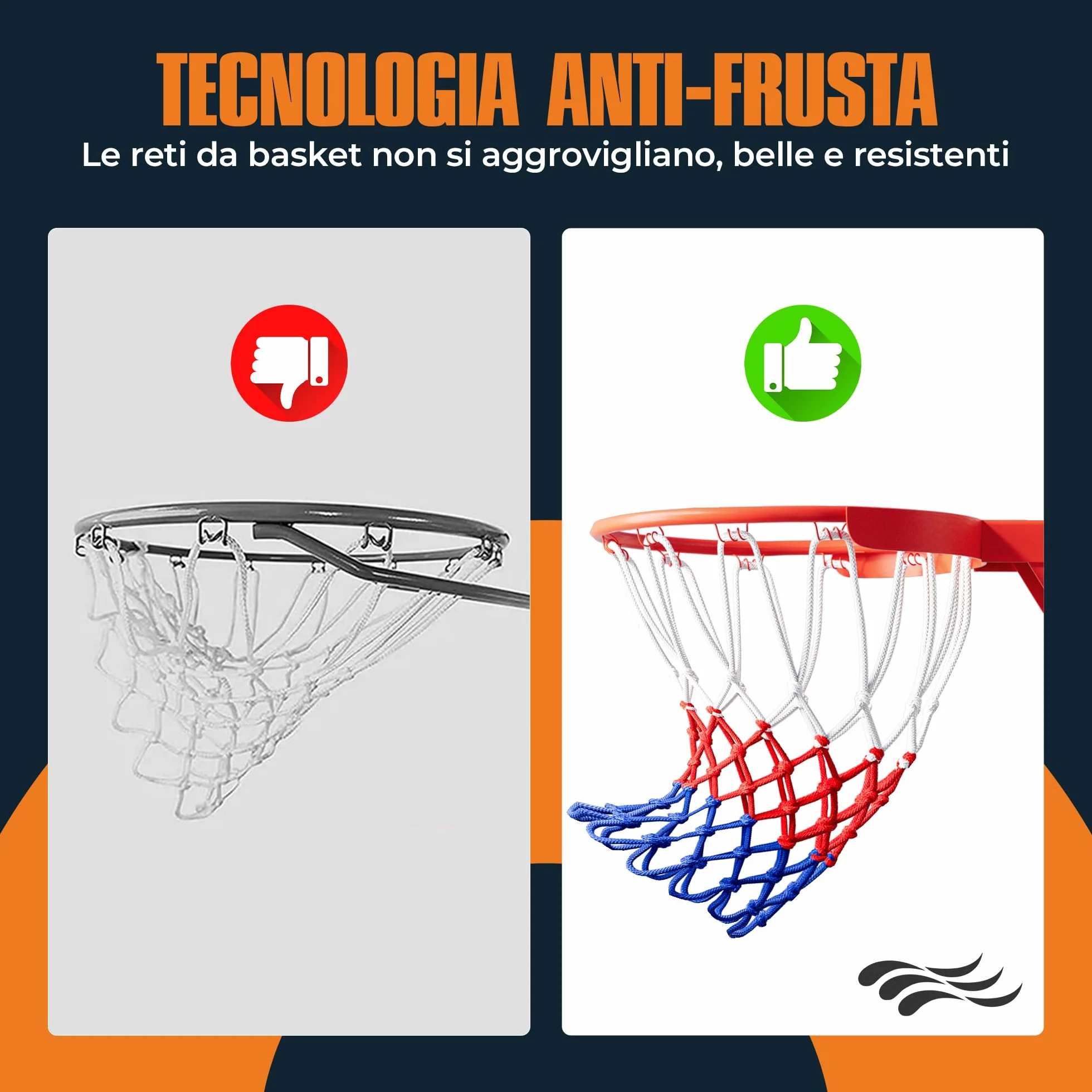 Rete per Basket Professionale 150g, Rete Resistente per Canestro Esterno, 12 Ganci, Bianco Rosso Blu