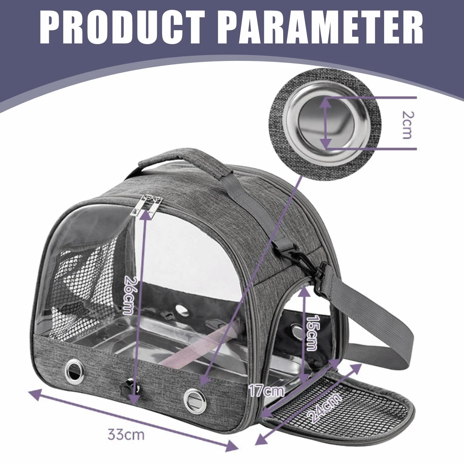 Borsa per uccelli con asta e vassoio in acciaio inox, per il trasporto di uccelli, traspirante, portatile, per pappagallini, piccoli animali, Bird Transport Box (grigio)