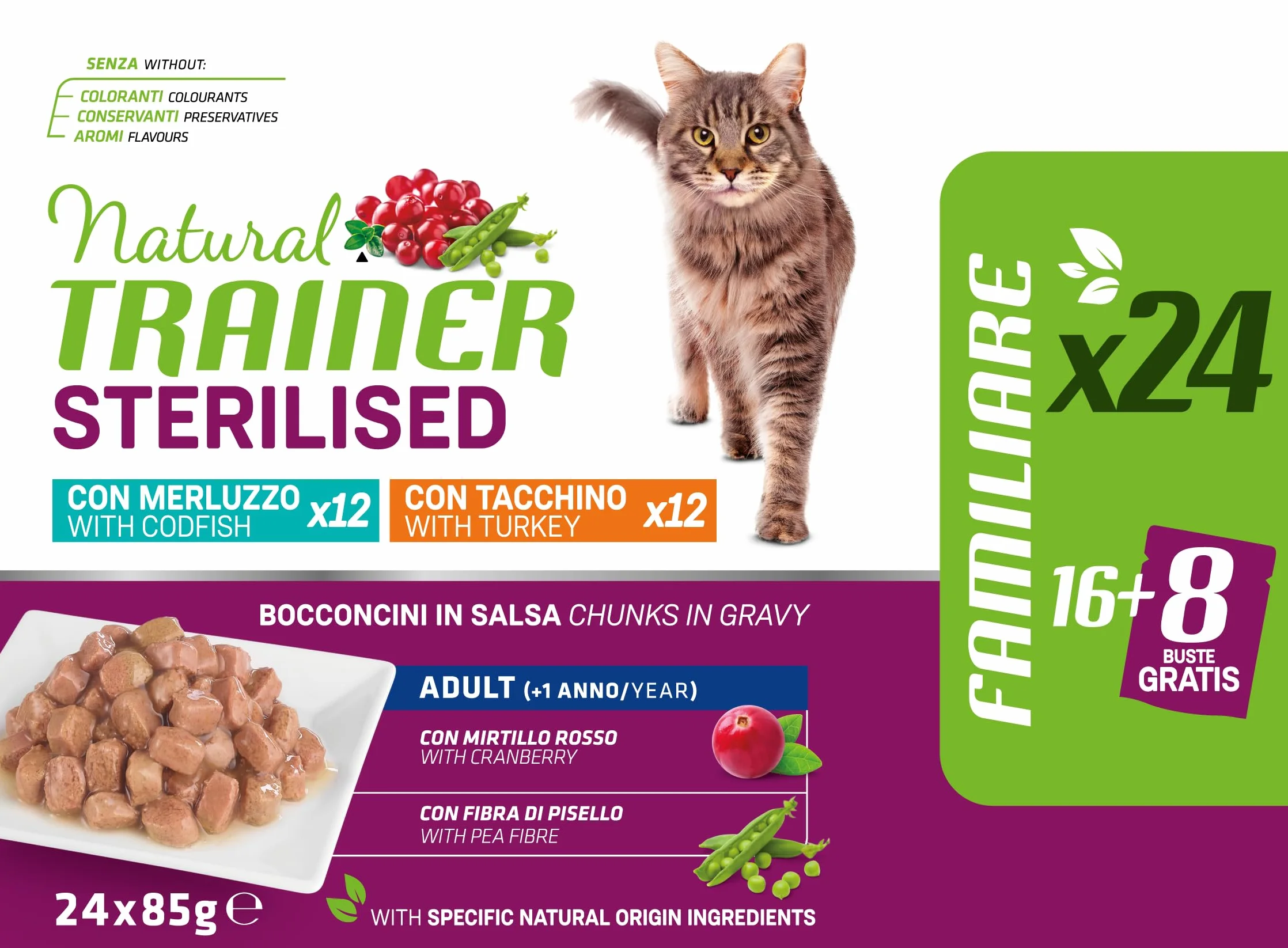 Natural Trainer Cibo Umido per Gatti Adulti Sterilizzati, Multipack Tacchino e Merluzzo, 24 x 85 g