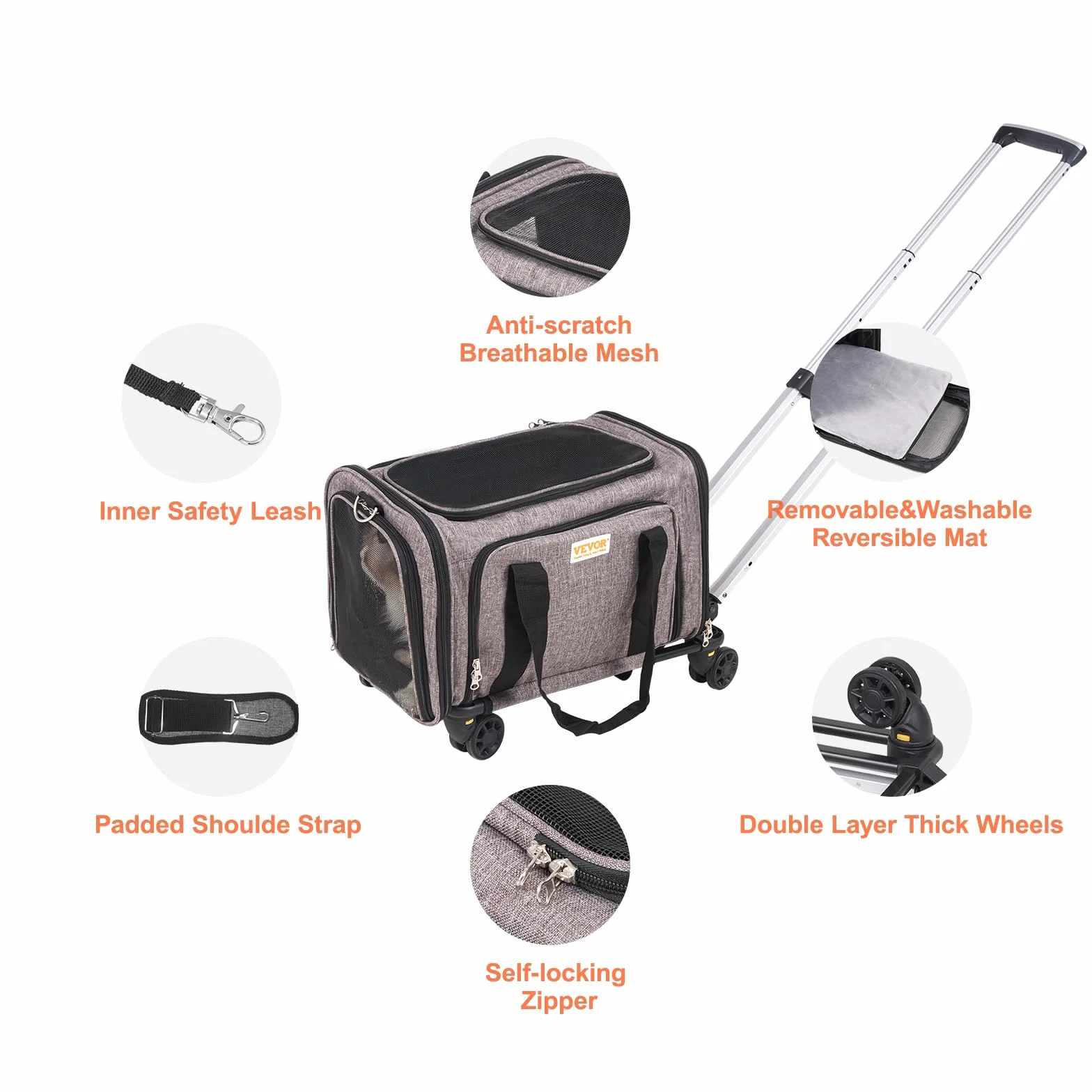 VEVOR Trasportino per Cani e Gatti Approvato dalla Compagnia Aerea, Carico Massimo 11,3 kg Borsa per Animali Domestici con Maniglia Telescopica con Ruote, Tessuto Oxford 600D, Cerniera Autobloccante