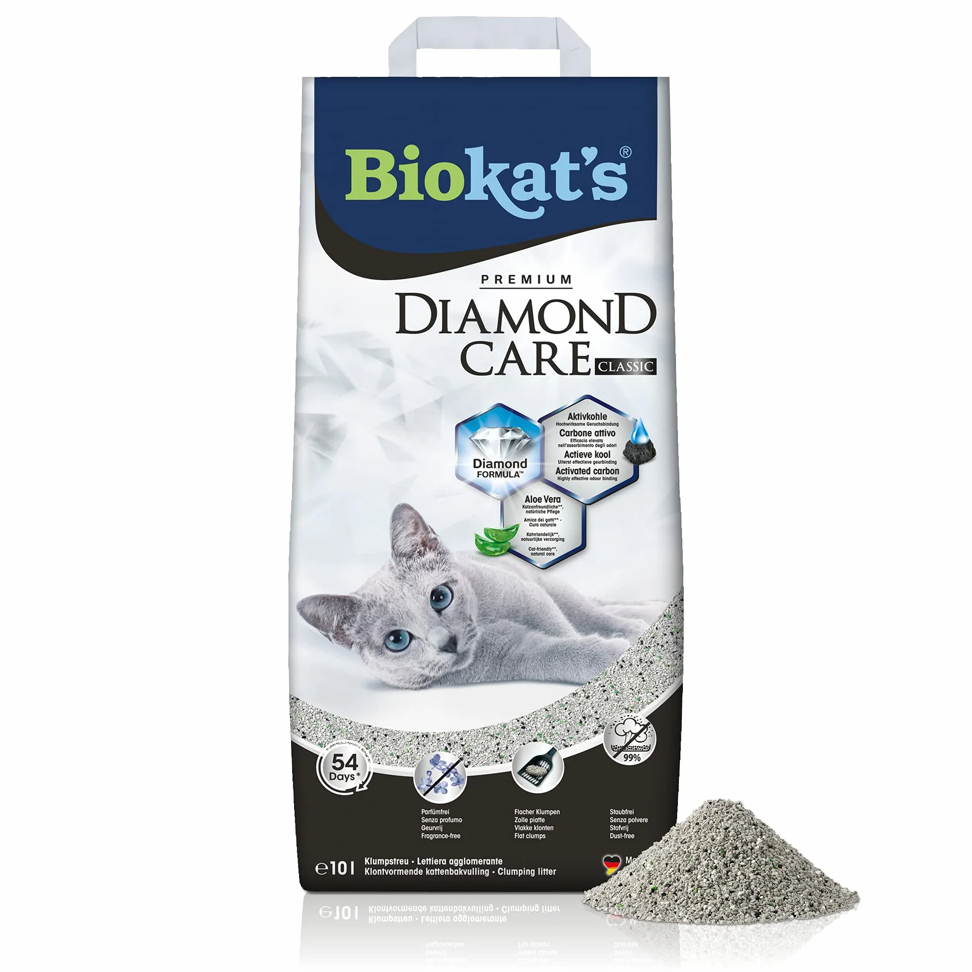 Biokat's Diamond Care Classic senza profumo, Lettiera per gatti a grana fine con carbone attivo e aloe vera, 1 Sacco, 1 x 10 L