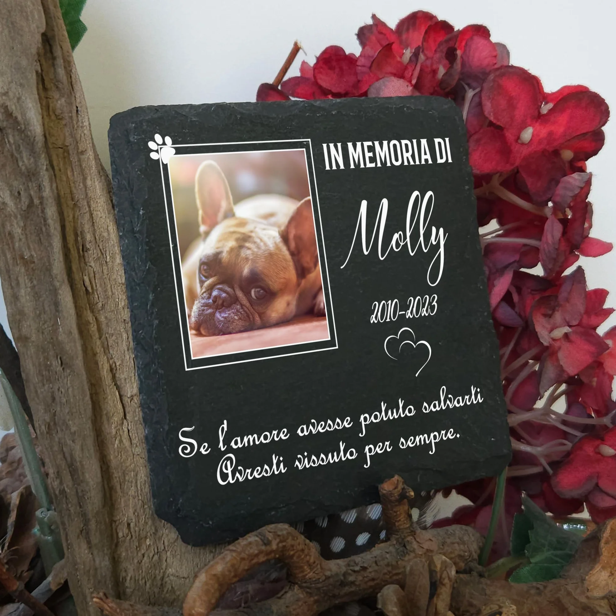 Targa commemorativa personalizzata per animale domestico in pietra d'ardesia 10x10 cm cornice bianca
