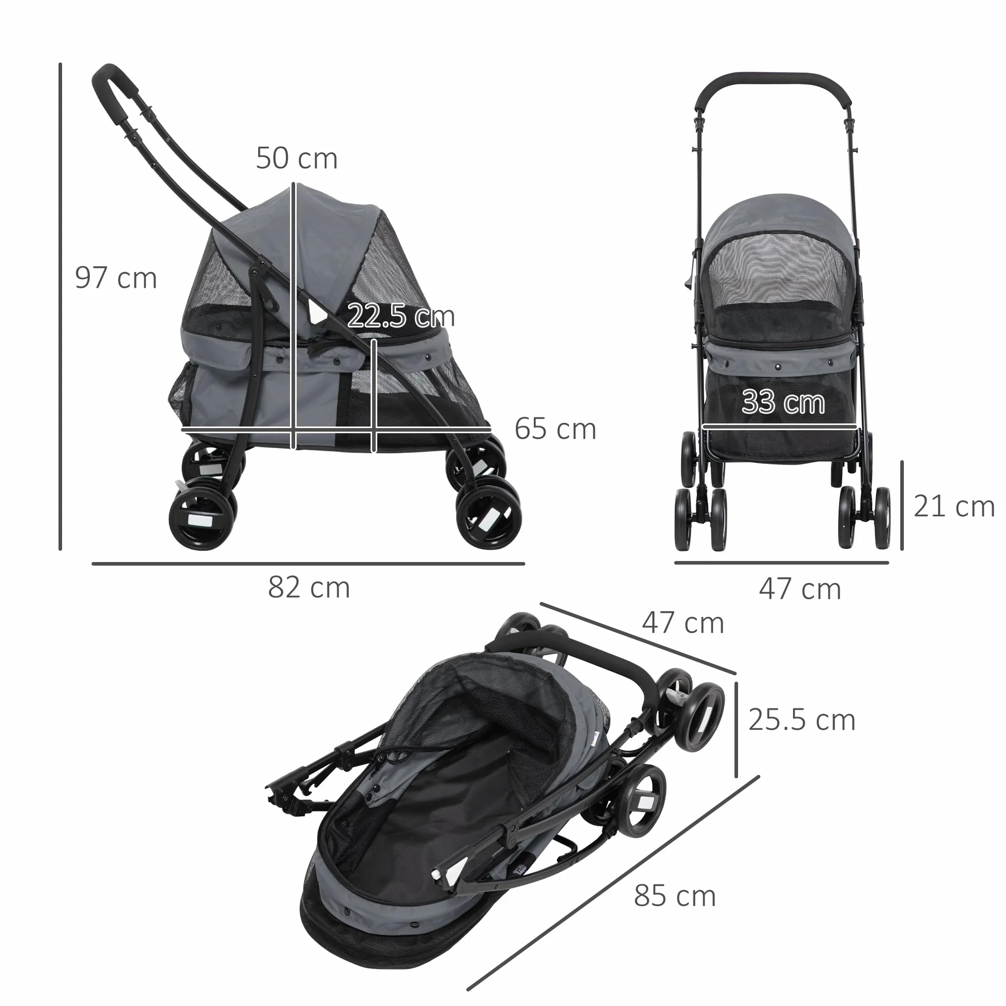 PawHut Passeggino per Cani Pieghevole con Tettuccio Regolabile, Borsa e 2 Guinzagli, Passeggino per Animali in Tessuto Oxford e Acciaio, 82x47x97 cm, Grigio e Nero
