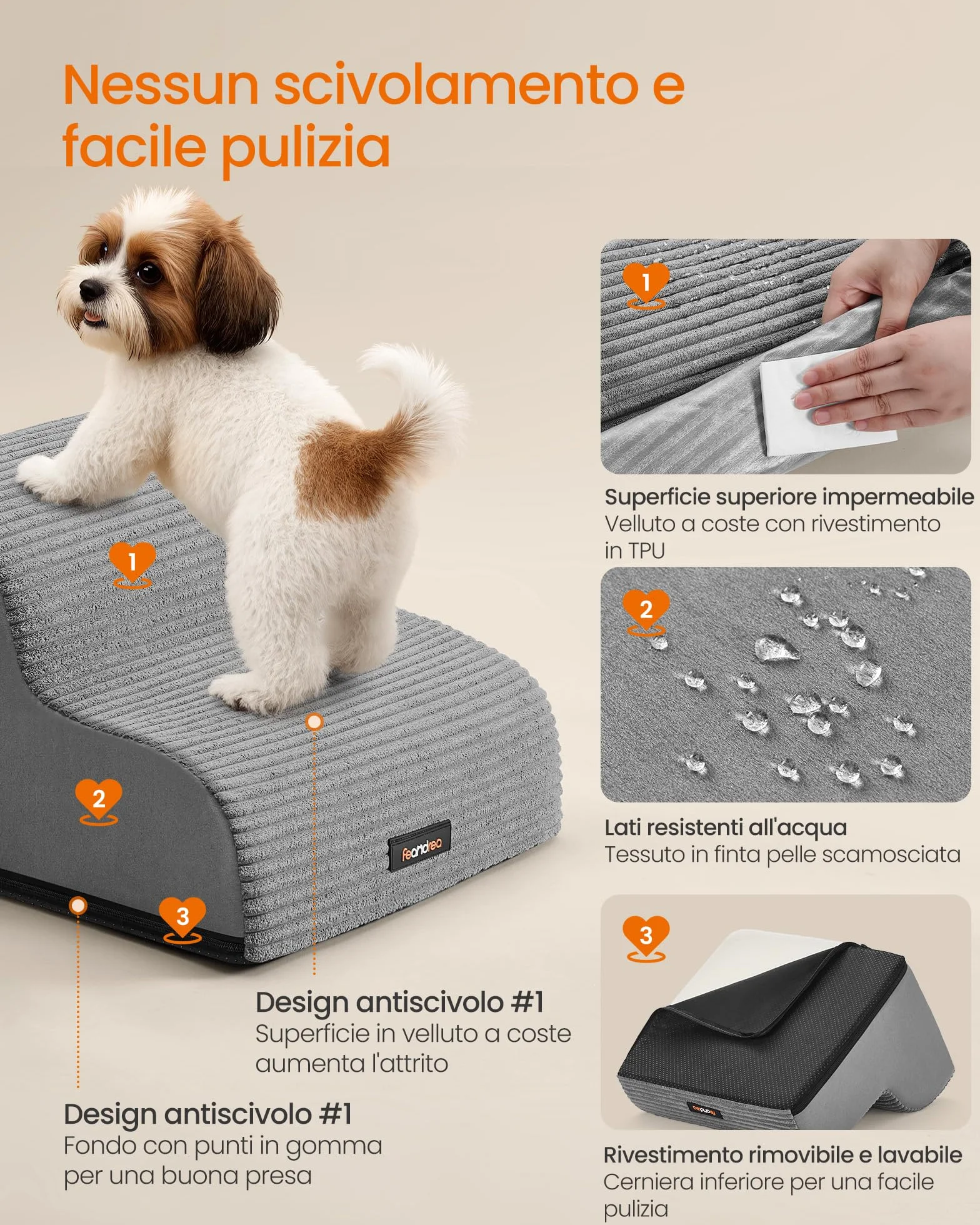 Feandrea Scala a 2 Gradini per Cani, Impermeabile Antiscivolo, Copertura Sfoderabile Lavabile, Grigio Tortora PPS002G01