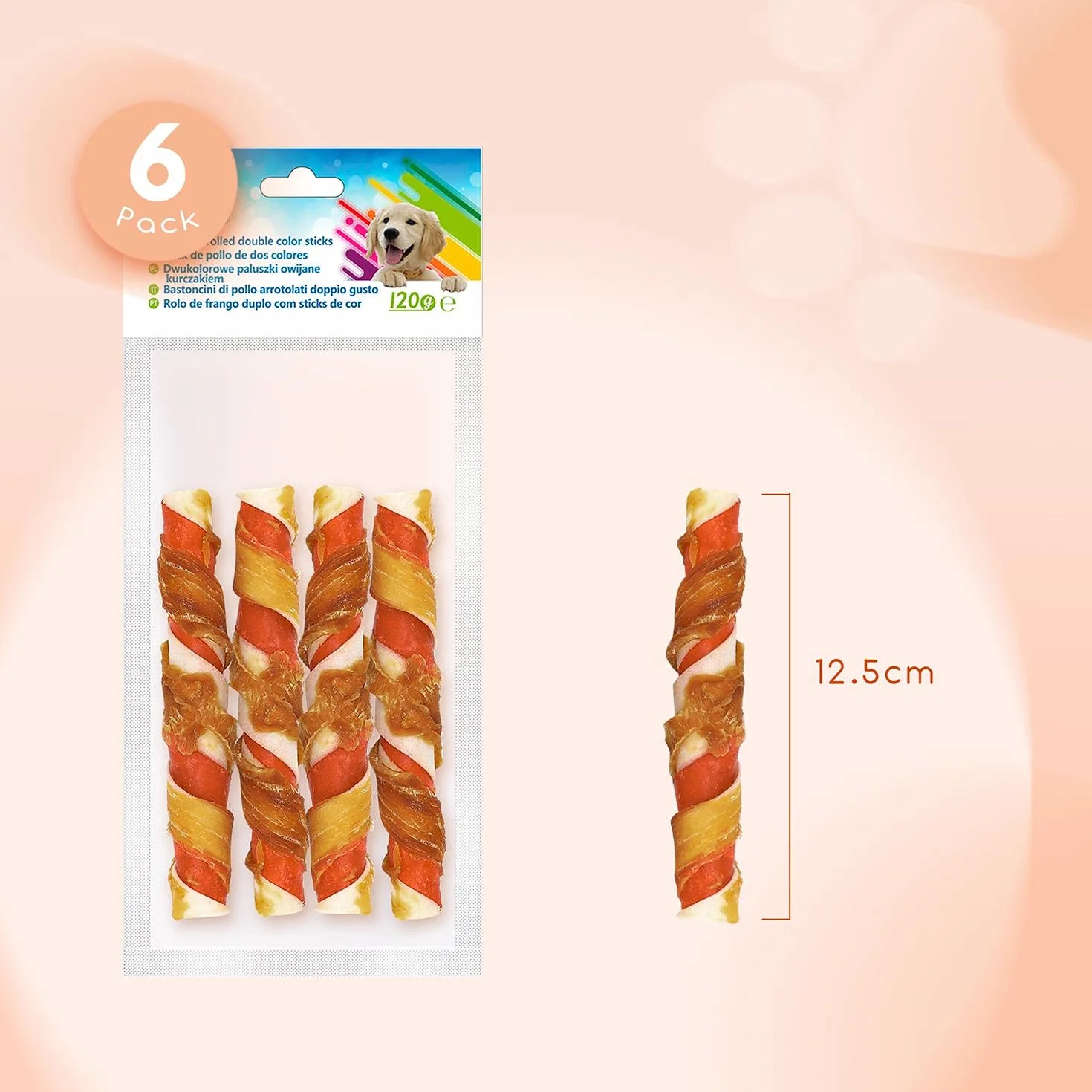 Nobleza - Snack Naturale per Cani, Bastoncini Masticabili con Carne di Pollo e Pelle Grezza, Snack per Cuccioli di Cane, L12.5 cm, 6 confezioni x 120 g