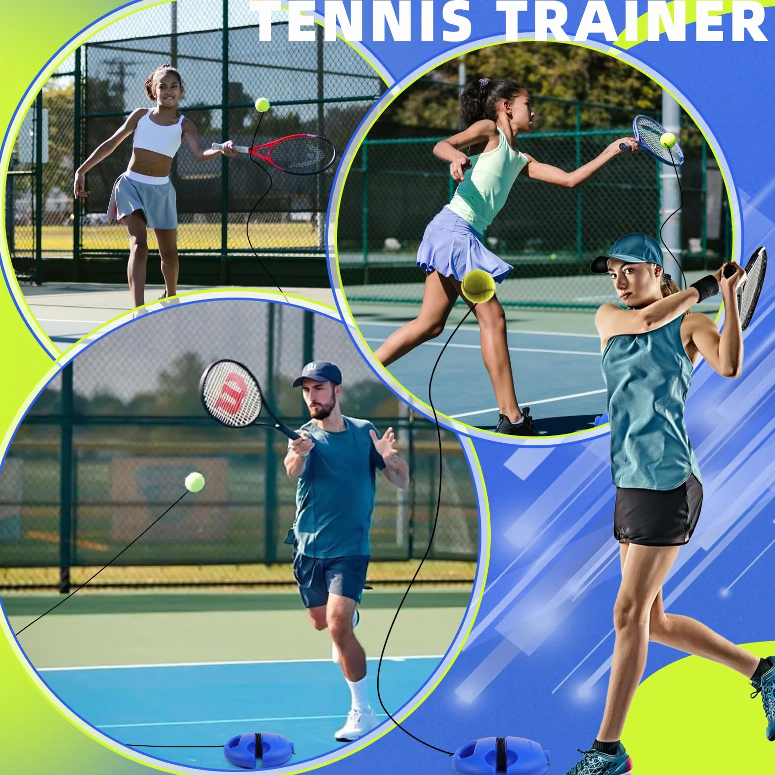 ELNLE Tennis Trainer Elastico, Gioco Tennis con Pallina Legata con Corda, Allenatore Tennis da Solo con 2 Sfere di Ricambio