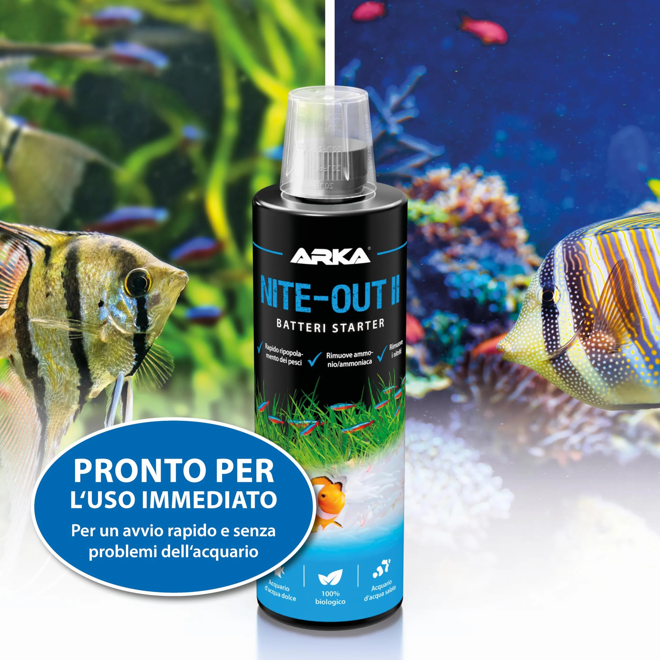 Batteri avviamento acquario – MICROBE-LIFT Nite-Out II 473 ml – per nuovi allestimenti, cambi d’acqua e inserimento pesci – riduce ammonio e nitriti – attivo subito, biologico e sicuro – ARKA