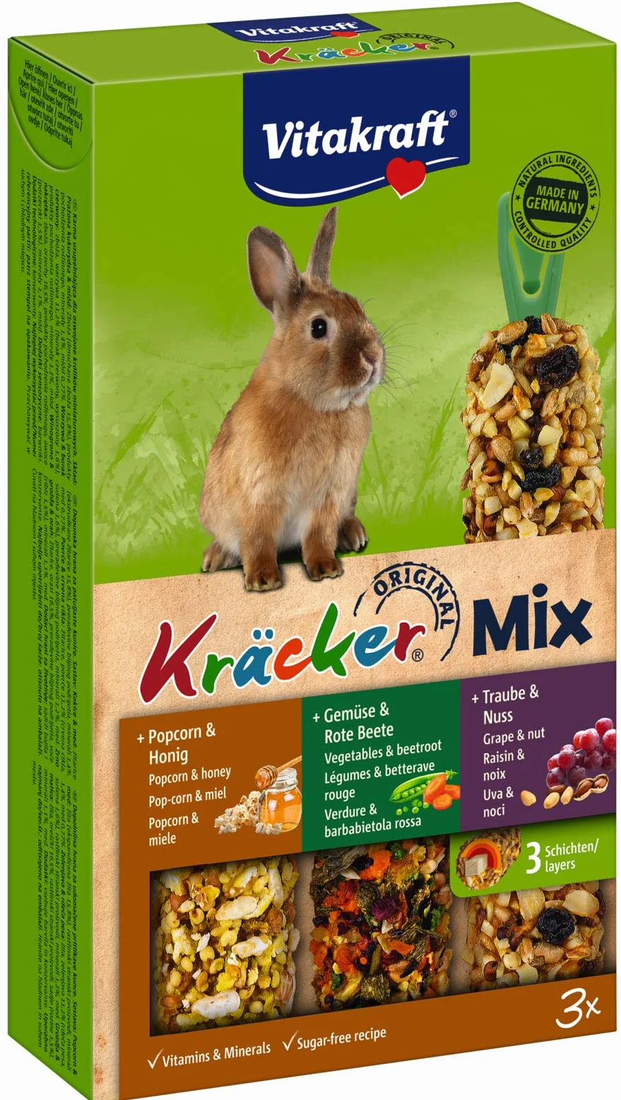 Vitakraft Kräcker Mix, bastoncini da sgranocchiare per conigli nani, con popcorn e miele, con verdura e barbabietola rossa, con uva e noci, senza l'aggiunta di zuccheri e cereali (1x 160g)