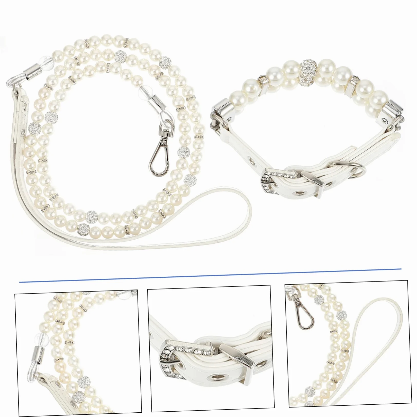 Collare e Guinzaglio Cane Perle Finte Bianco in Pelle PU 2 Pezzi | Regolabile e Staccabile, per Cuccioli e Cani Piccoli, per Addestramento, Feste, Matrimoni e Foto, Bianco