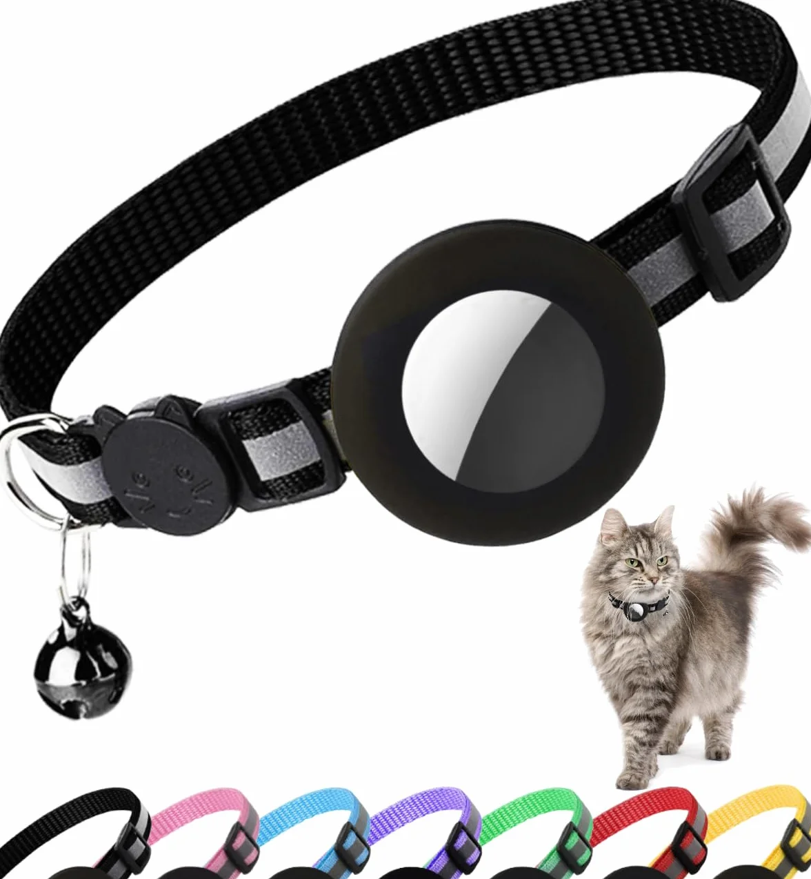 Collare Gatto Airtag, Collare Riflettente Antistrozzo per Gatti con Custodia Protettiva Air Tag (GPS AirTag Non Incluso) e Campanellino, Adatto a Gatti di Tutte Le Taglie(Nero)