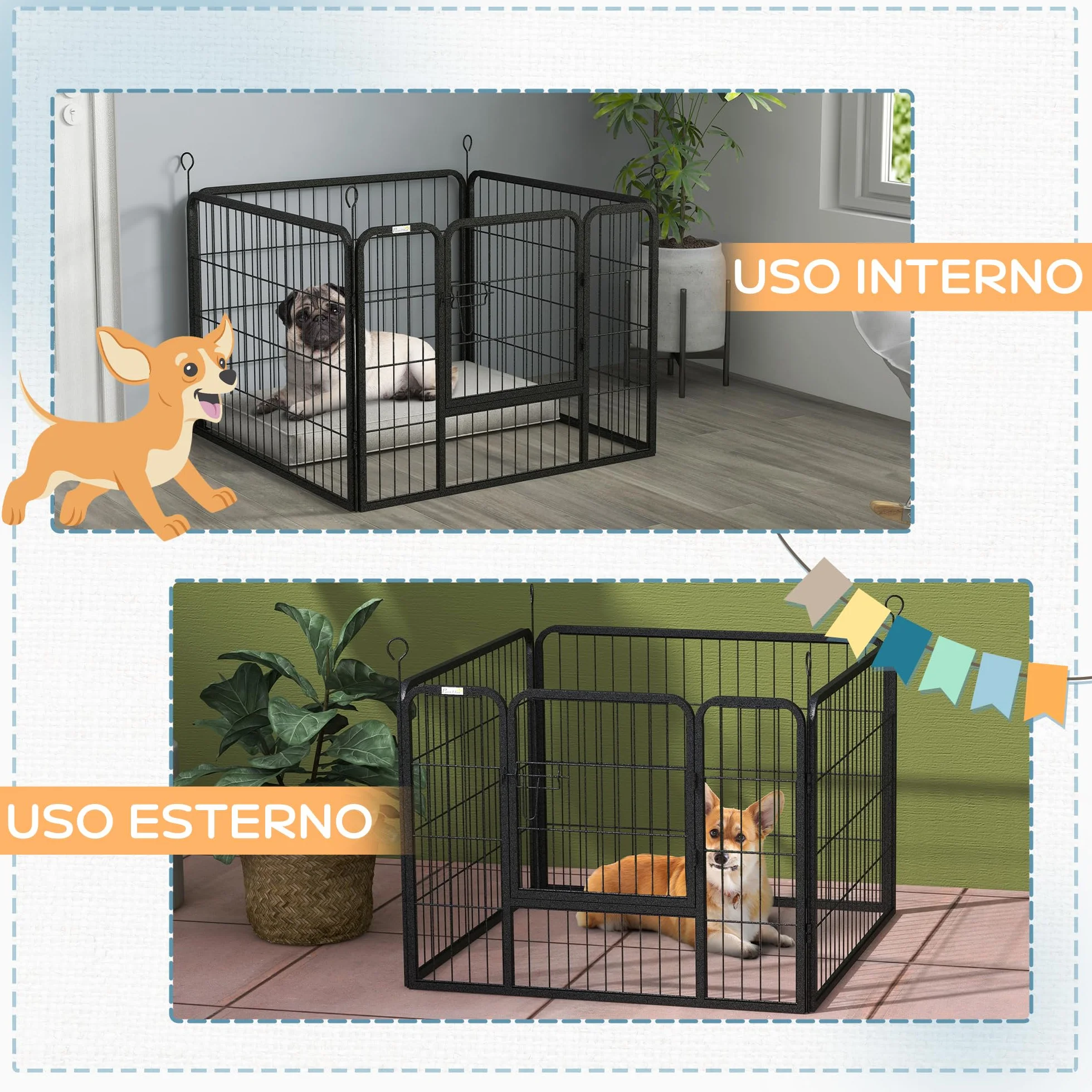 PawHut Recinto per Cani Pieghevole in Metallo, per Interno ed Esterno con Porta con Catenaccio e Picchetti, 82x82x60cm Grigio