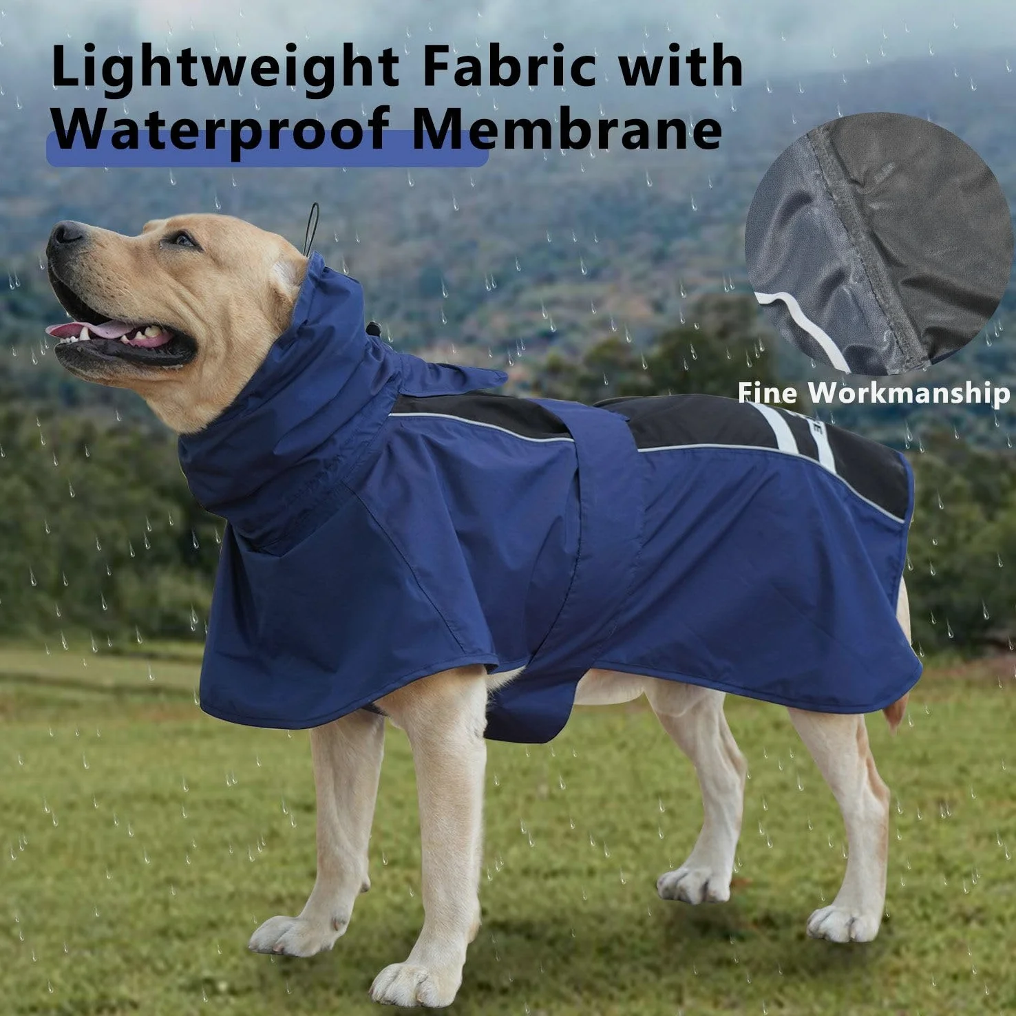 MAMORE Impermeabile per cani, leggero, con striscia riflettente, regolabile, con foro per imbracatura (blu navy e nero, XXL)