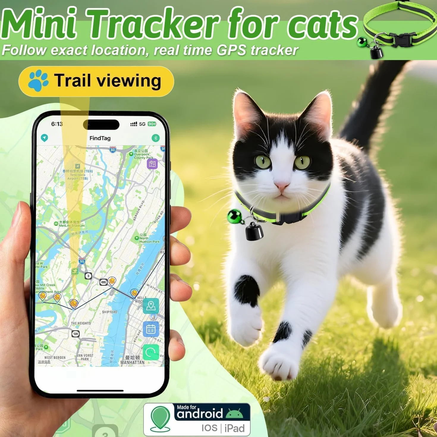 Collare GPS per Gatto Senza Abbonamento, Localizzatore GPS per Gatti con Tracciamento in Tempo Reale, Compatibile iOS/Android, Impermeabile, Batteria a Lunga Durata per Gatti e Gattini (Verde)