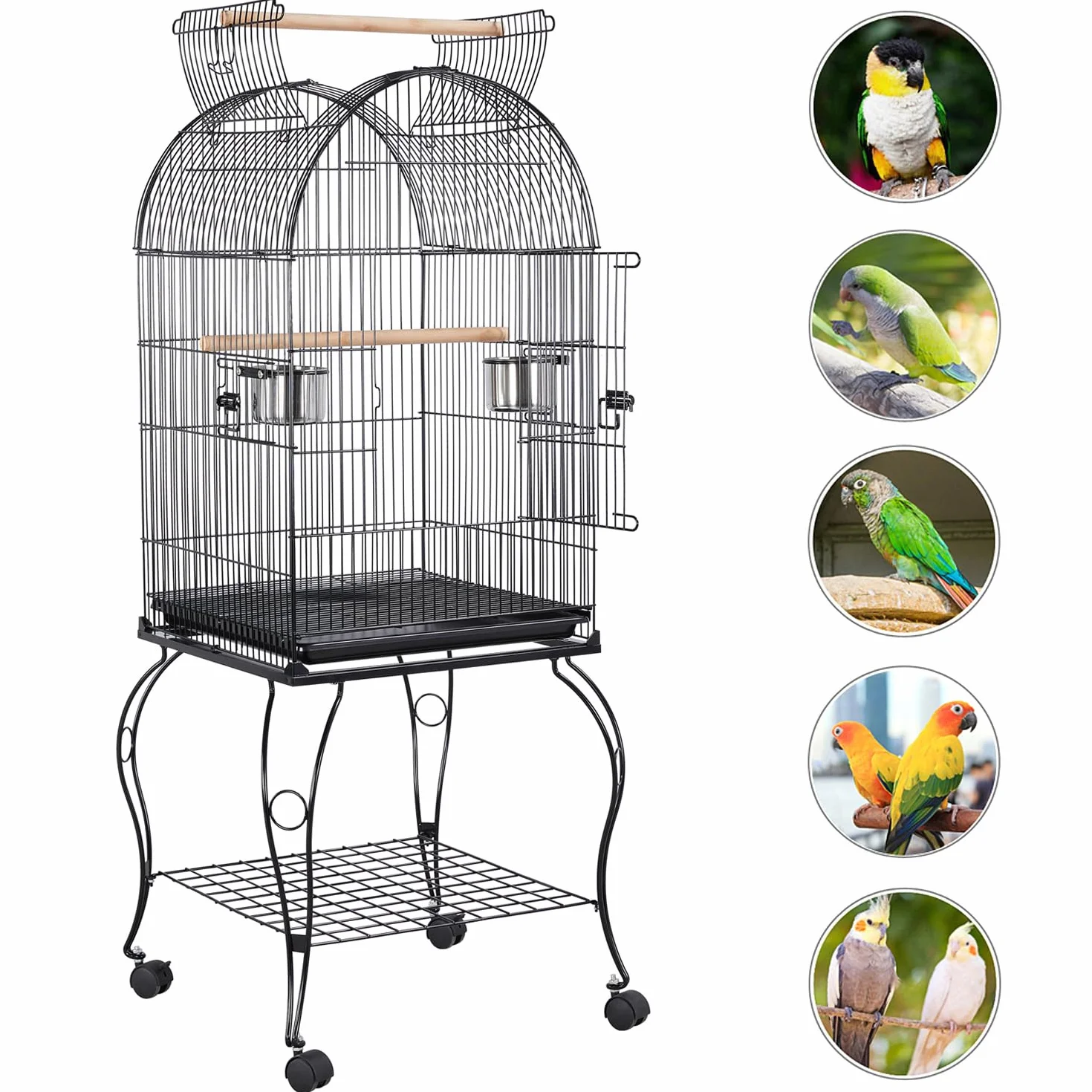 Yaheetech Gabbia Voliera per Uccelli Pappagalli con Carrello e Tetto Apribile in Metallo e Legno Nero 59 x 59 x 150 cm