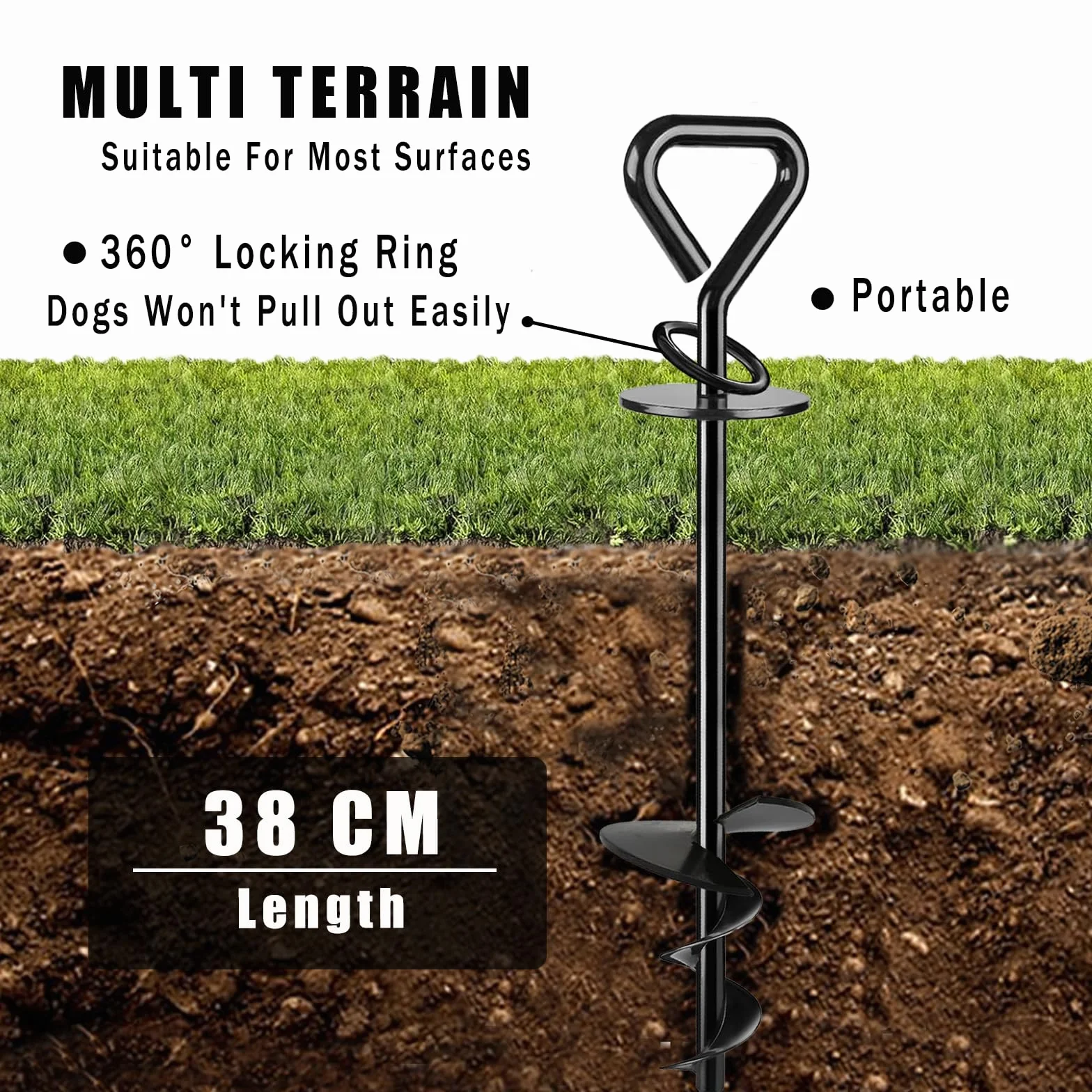 Cane Groud Achor, lama Siral da 12 mm per cani fino a 220 l Camig Groud Achor per cani per la protezione da spiaggia e all'aperto, nero