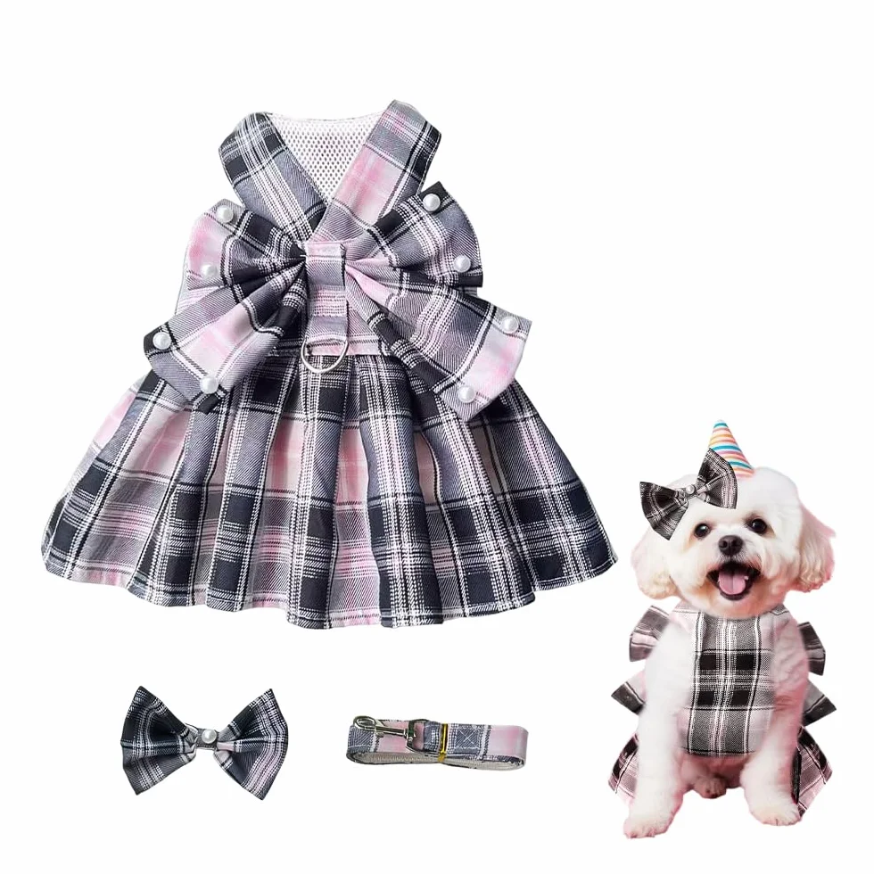 Vestiti per Cani Eleganti in Tartan Rosa e Nero con Fiocco Abiti per Cani Matrimonio Pet Clothes di Alta Qualità per Occasioni Speciali per Piccolo Medio Grande (L)
