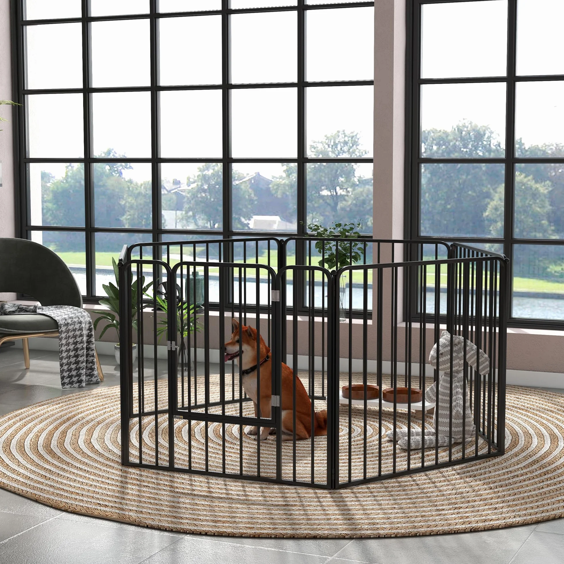 PawHut Box per Cani Taglia Media e Piccola a 6 Pannelli Modulabili da Interno ed Esterno, Cancello per Cani in Acciaio con 9 Picchetti, 164x83x80 cm, Nero