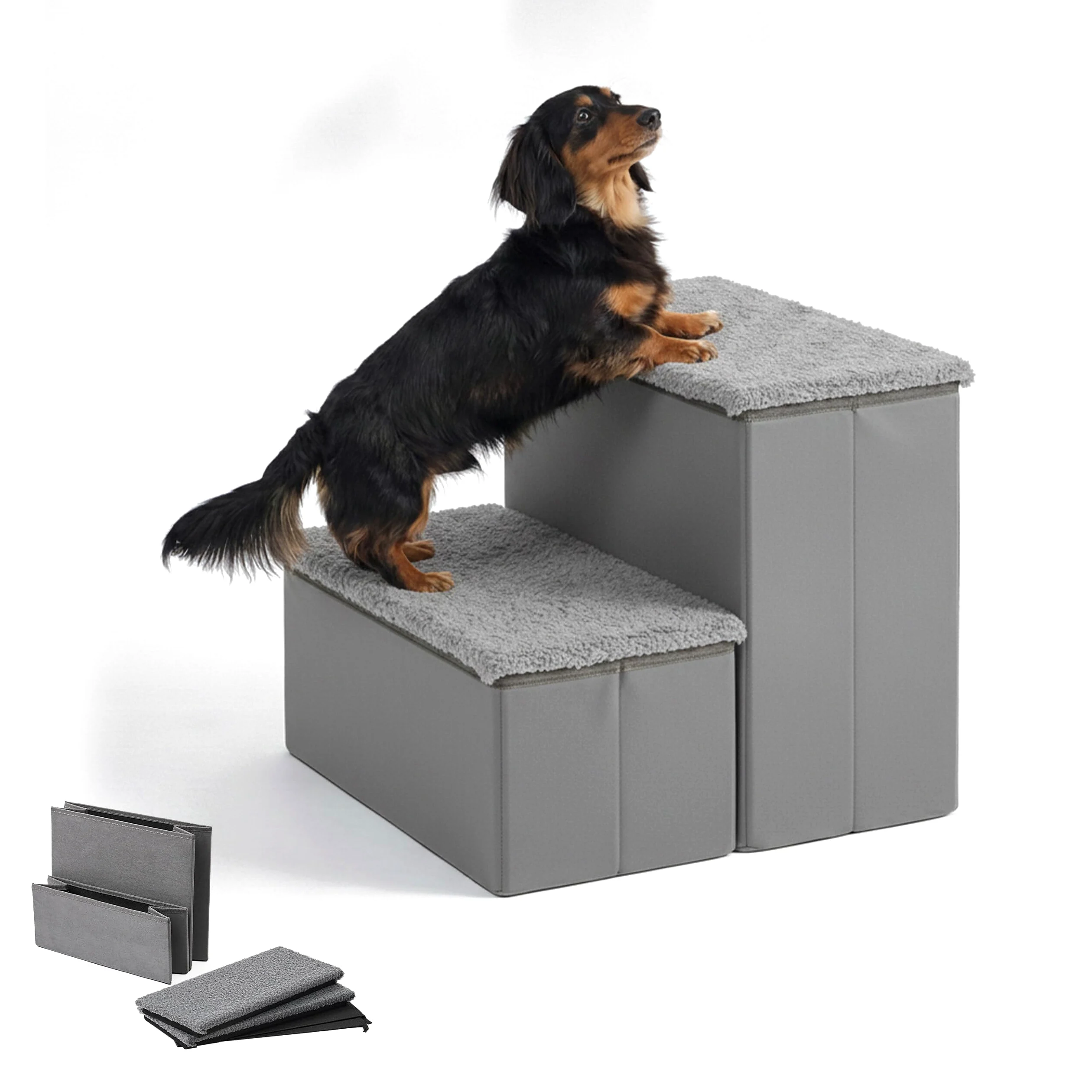 Relaxdays Scala per cani pieghevole, 2 gradini, con vano, grigio | 32x40x35 cm, rivestimento in tessuto, per letto/divano