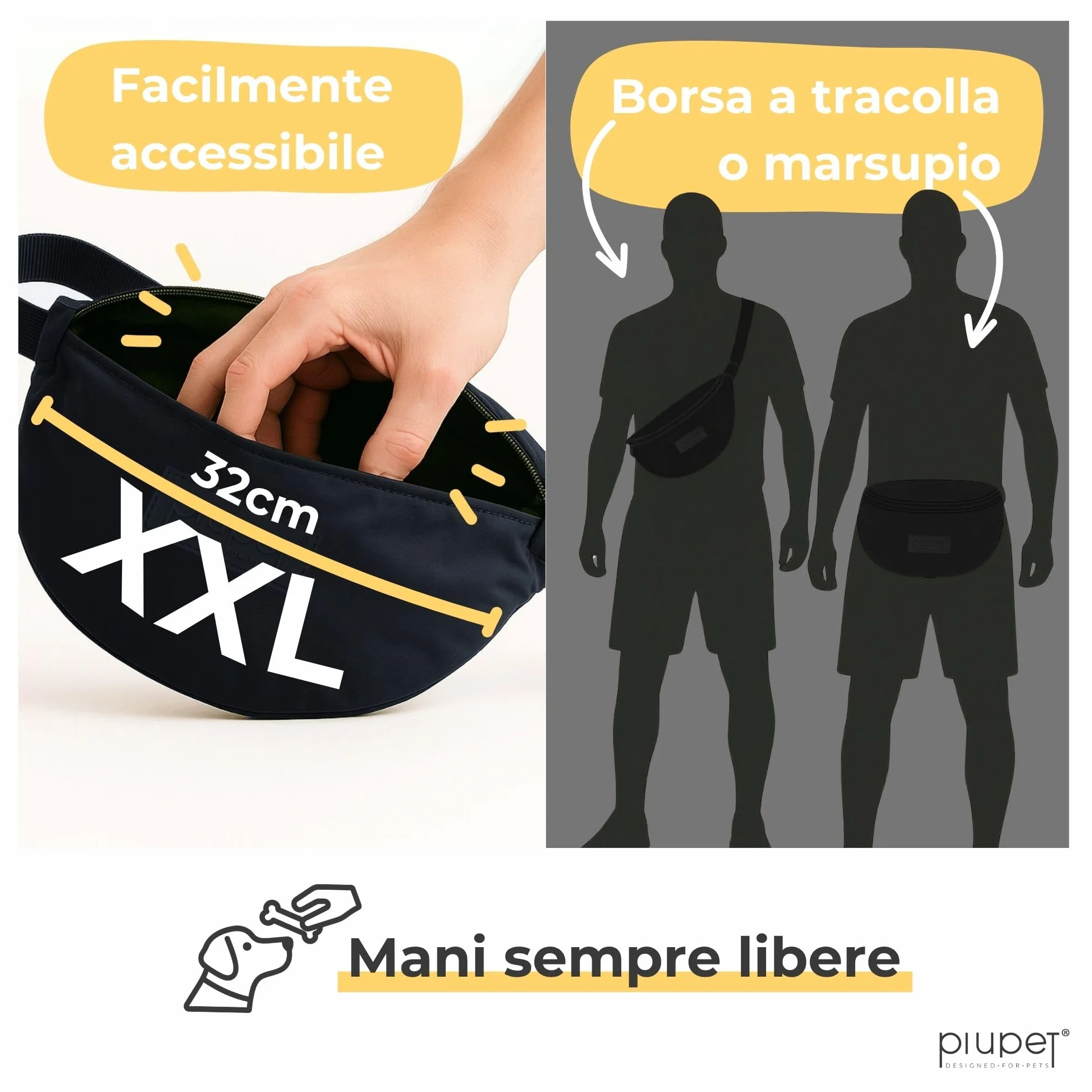 PiuPet® Borsa per Cani I Borsa per Cani Elegante e Impermeabile con 3 Scomparti con Cerniera I Marsupio 2 in 1 per l'addestramento del Cane e Borsa a Tracolla I con Tasca Interna Rimovibile (Nero)