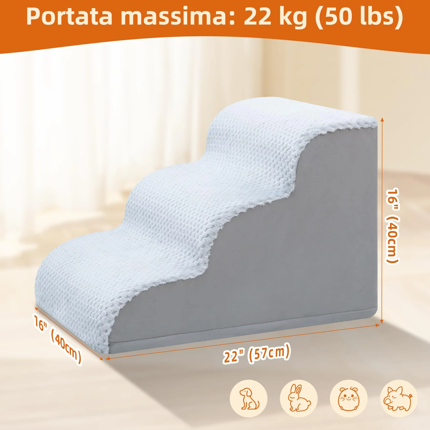 Scaletta per Cani 3 Gradini 40 cm Antiscivolo Rampa per Cani Copertura Rimovibile e Lavabile Grigio