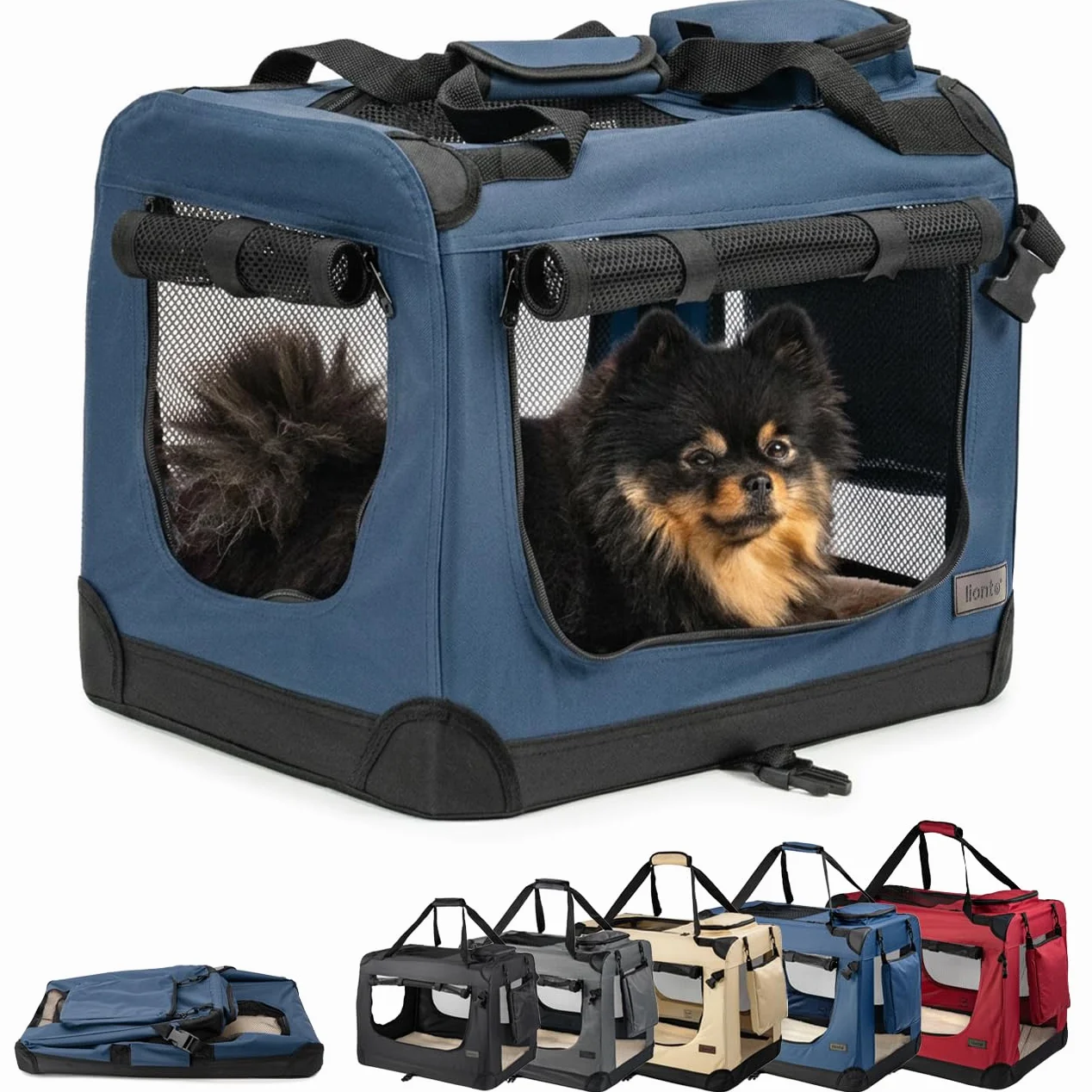 Lionto Borsa trasportino per cani pieghevole 50x34x36 cm box trasporto stabile con maniglie per gatti animali fino a 10 kg tessuto blu scuro