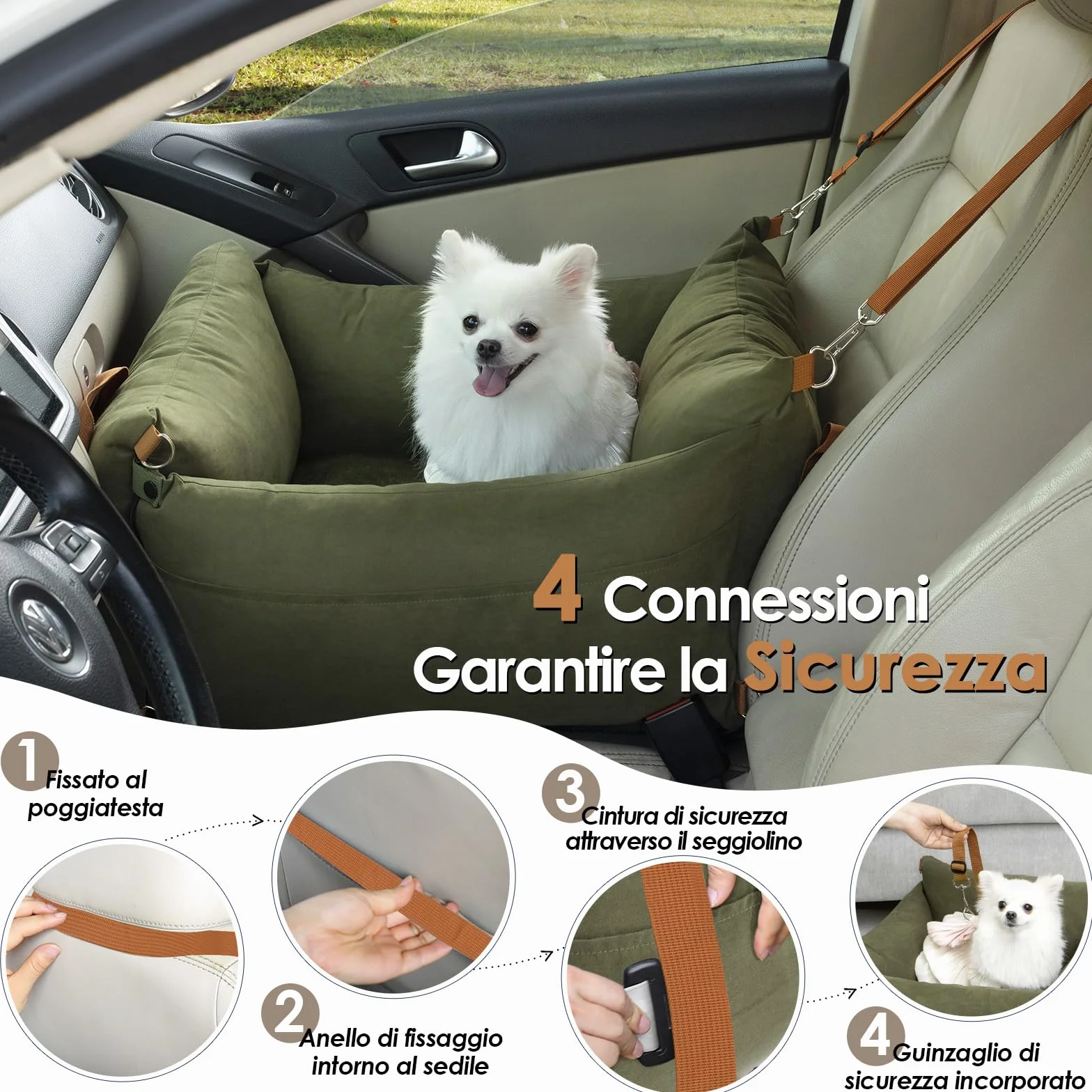Seggiolino auto per cani di piccola taglia sotto i 15 kg, per cani di piccola taglia con zona di riposo allungabile, rimovibile e lavabile, cuccia per cani con scomparti e cintura di sicurezza