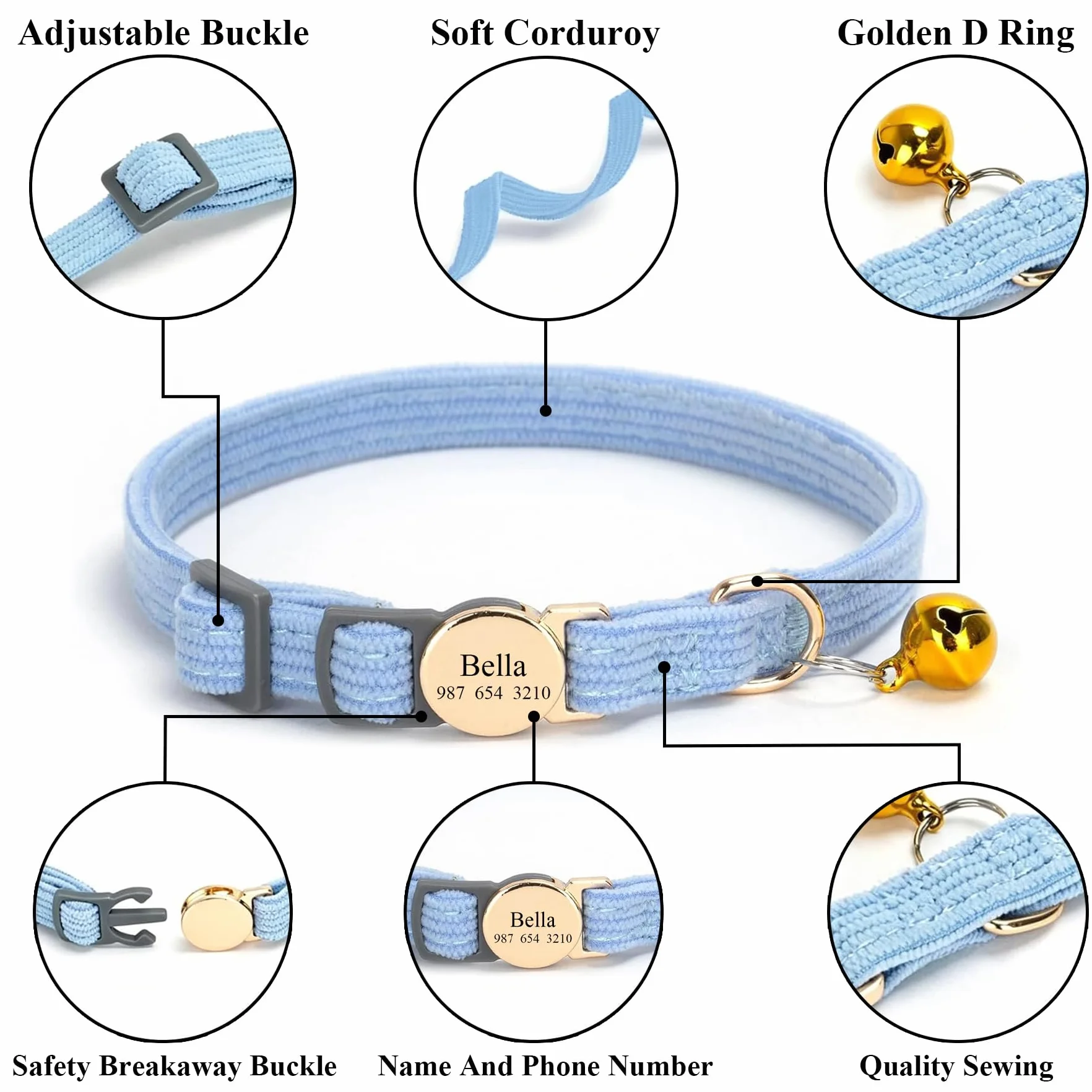 Collare gatto personalizzato con campana, nome e numero di telefono inciso su misura, tessuto regolabile morbido, fibbia a rilascio rapido Breakaway