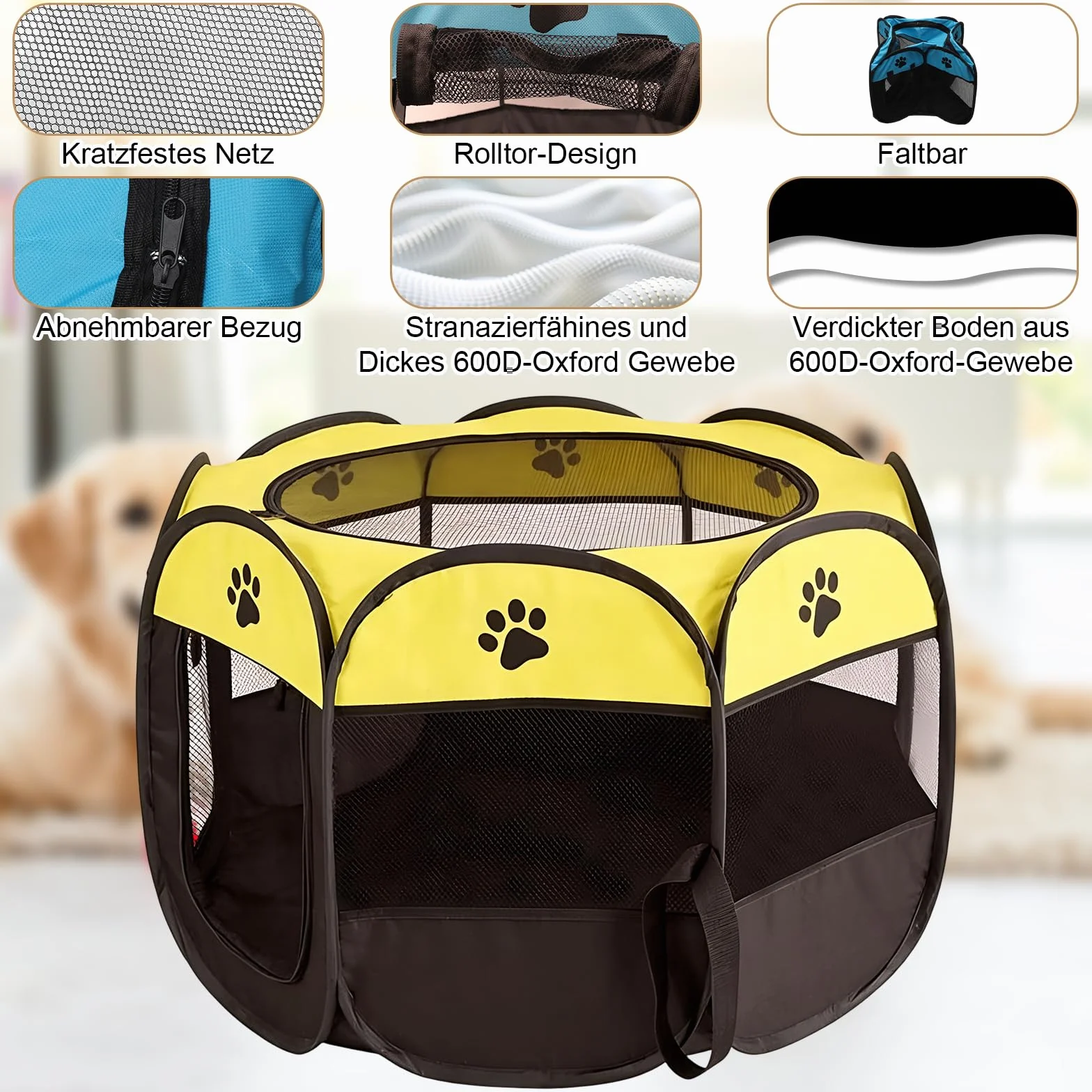Recinto per Cani da Interno, Portatile Box Cani per Interno ed Esterni, Box Pieghevole per Cane e Gatti, Kennel Cane Piccolo, Gabbia per Gatto, Cucciolo Conigli, 74 x 74 x 43 cm (Giallo)