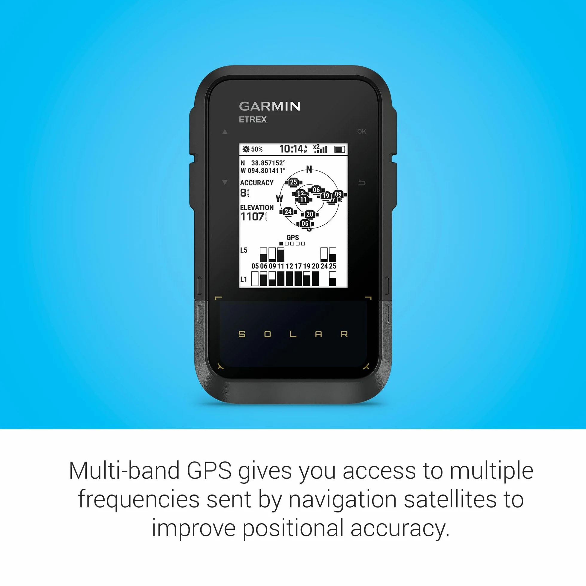 Garmin eTrex Solar, GPS portatile, Ricarica solare, Autonomia potenzialmente infinita, GPS doppia frequenza, Display da 2,16", Garmin Explore, Bussola elettronica, Geocaching Live, Black