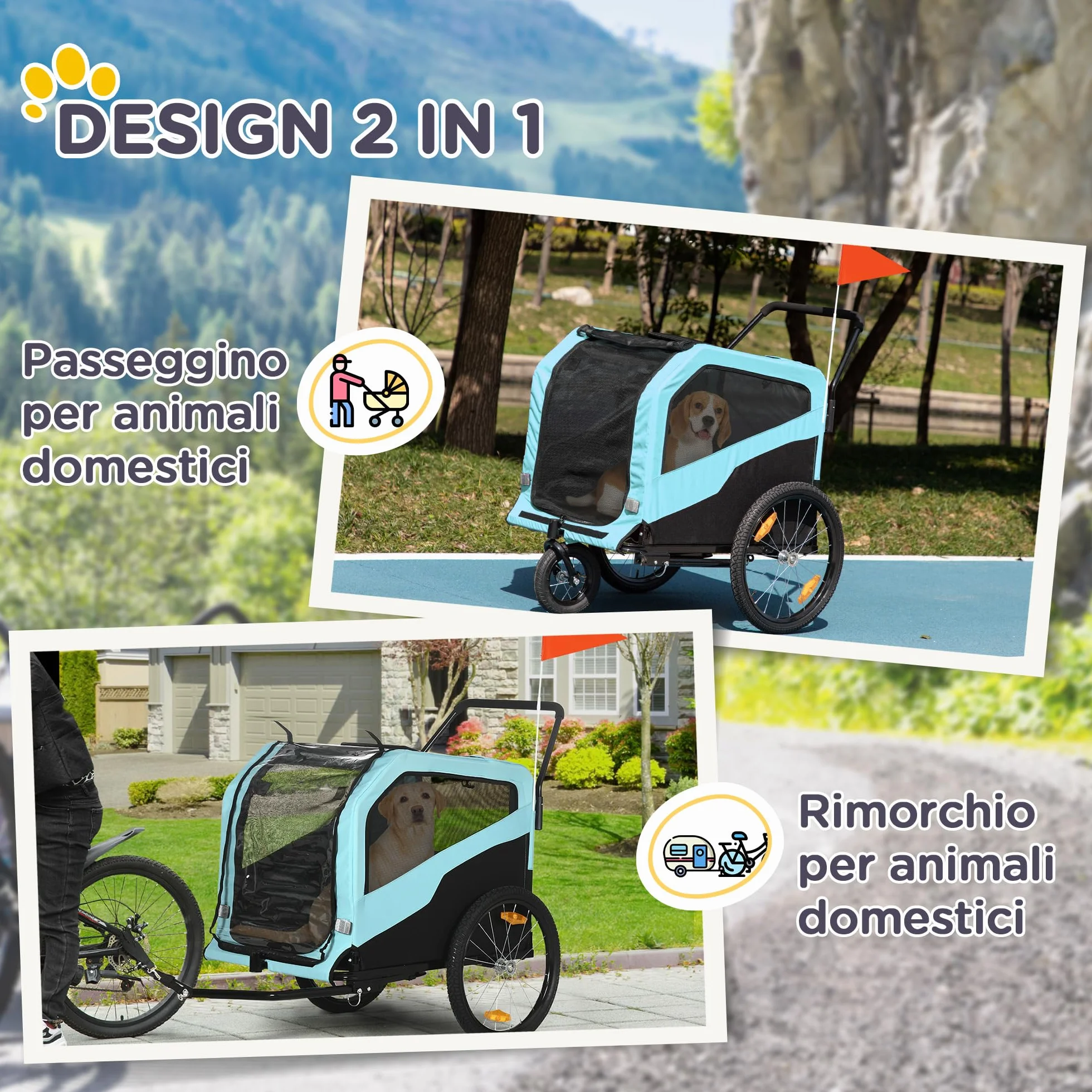 PawHut Rimorchio Bici per Cani 2 in 1 con 2 Ingressi e Tasche Portaoggetti, Passeggino per Cani 30kg max in Acciaio e Tessuto Oxford, Blu