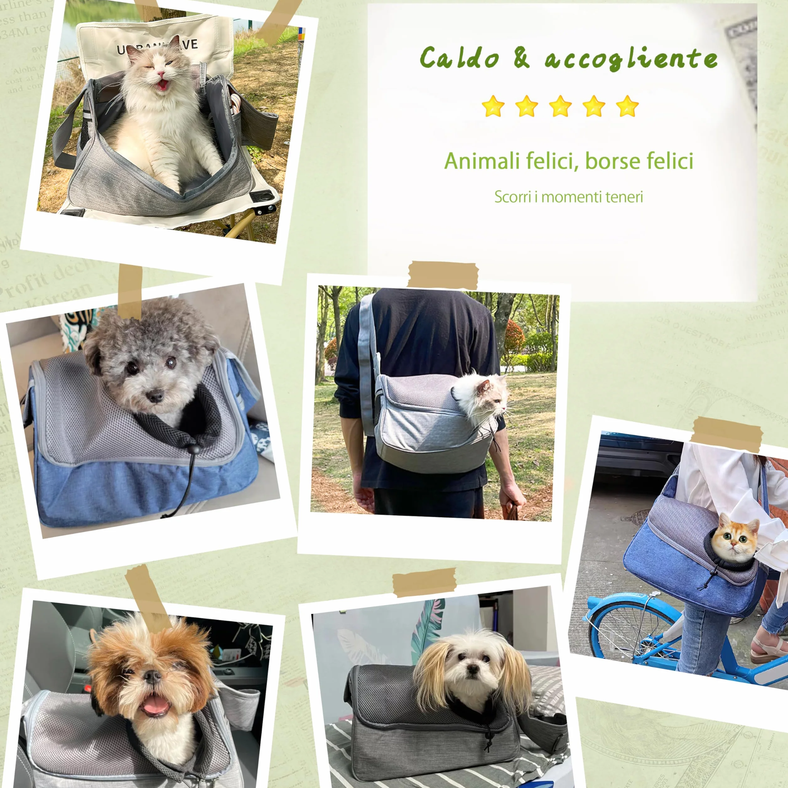 ALLSOPETS Borsa per Cani Piccoli e Gatti, Marsupio Traspirante con Tracolla Regolabile e Tasca Laterale, Trasportino da Viaggio Grigio Nero