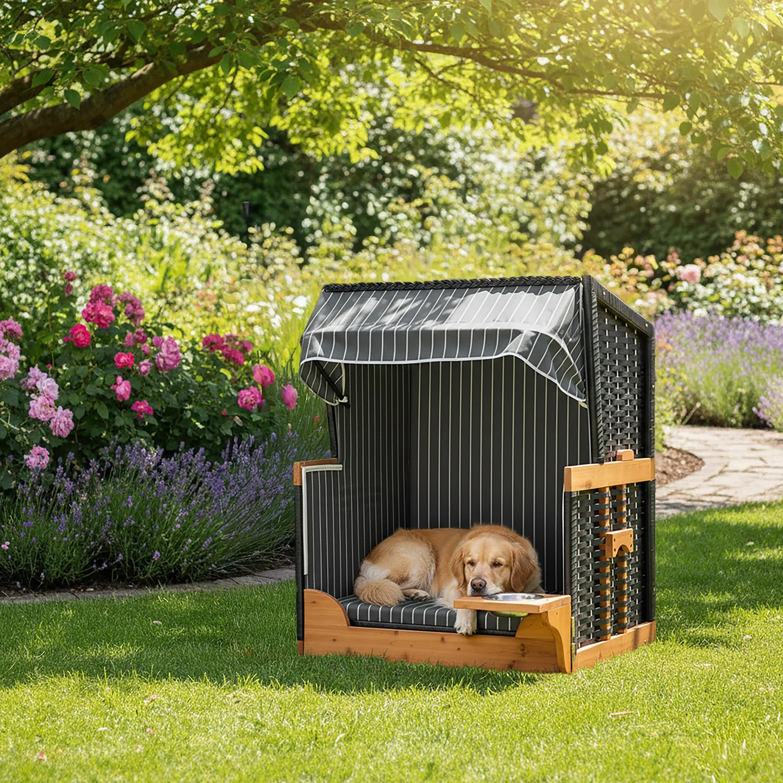 Relaxdays .ano per Cani in Rattan con Ciotola, tettuccio Parasole, 95x75x65 cm, Giardino/terrazza, Grigio