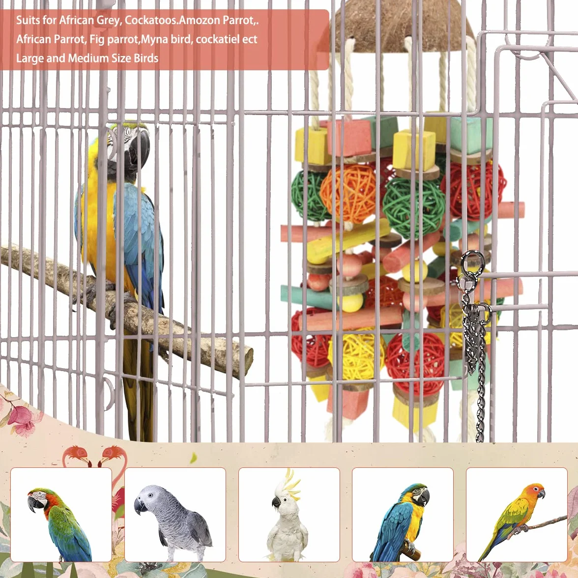 Giocattolo da masticare per pappagallo grande in legno naturale multicolore