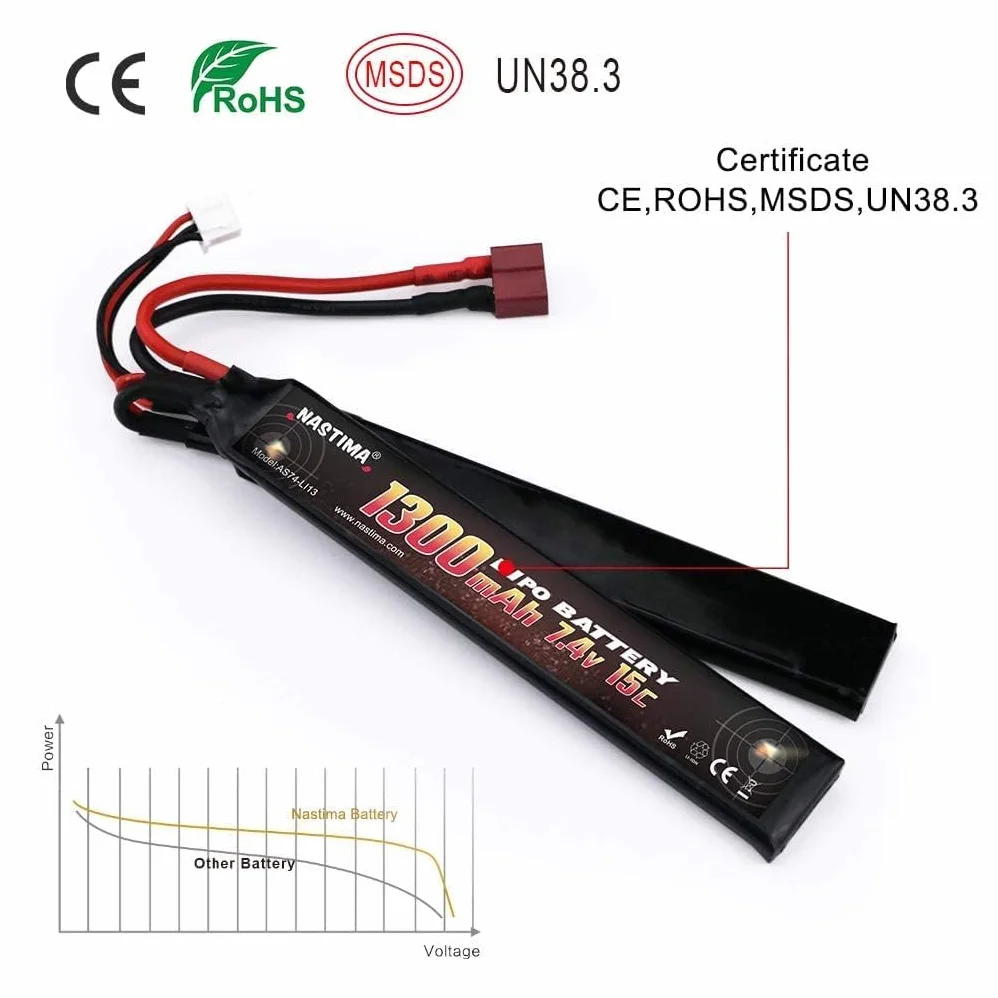 NASTIMA 7.4V 1300mAh 2S 15C Airsoft Lipo Batteria A Farfalla Connettore Deans-T Per Pistole Airsoft