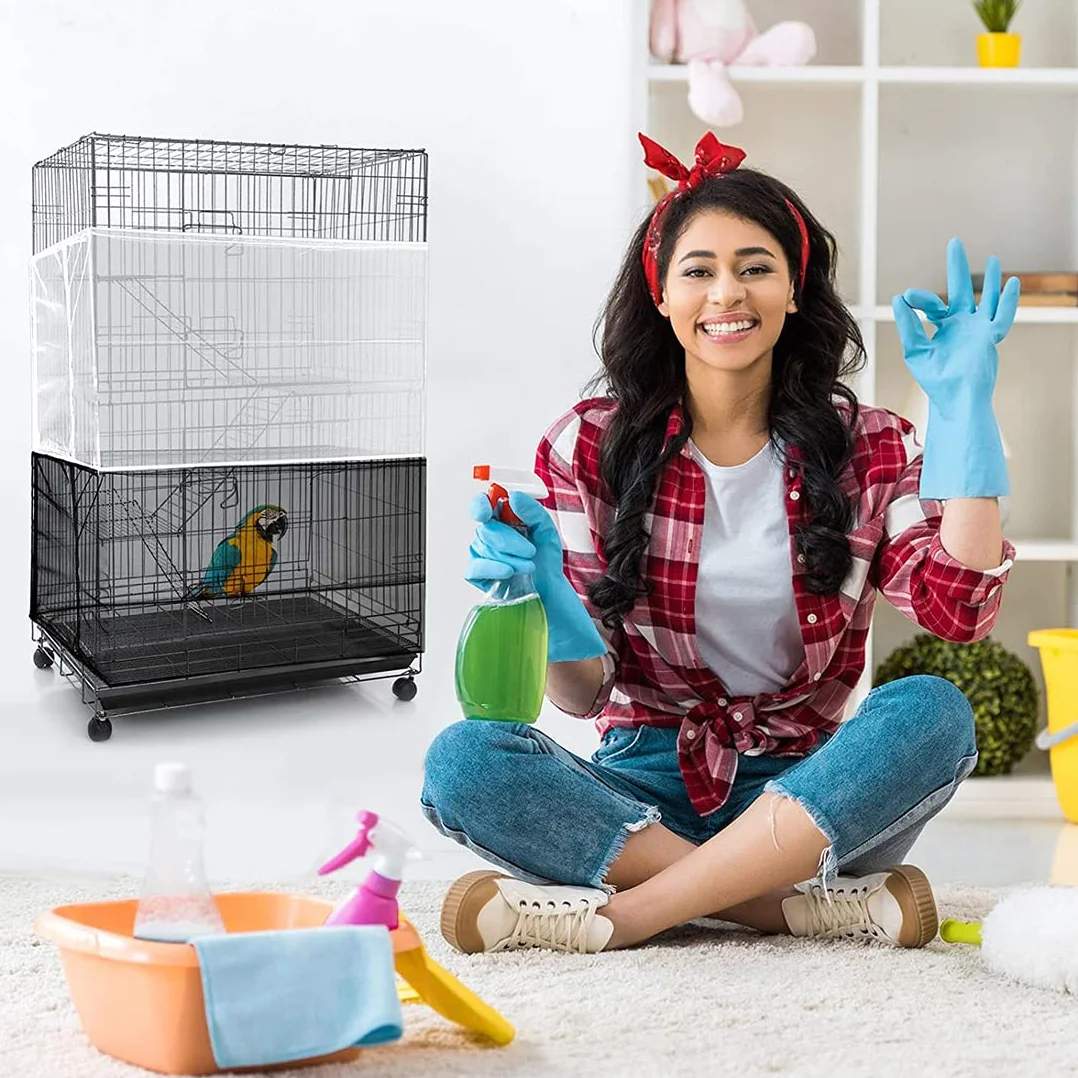 Copertura per Gabbia Uccelli in Rete Nylon Morbida Regolabile 2 Pezzi Nero Bianco