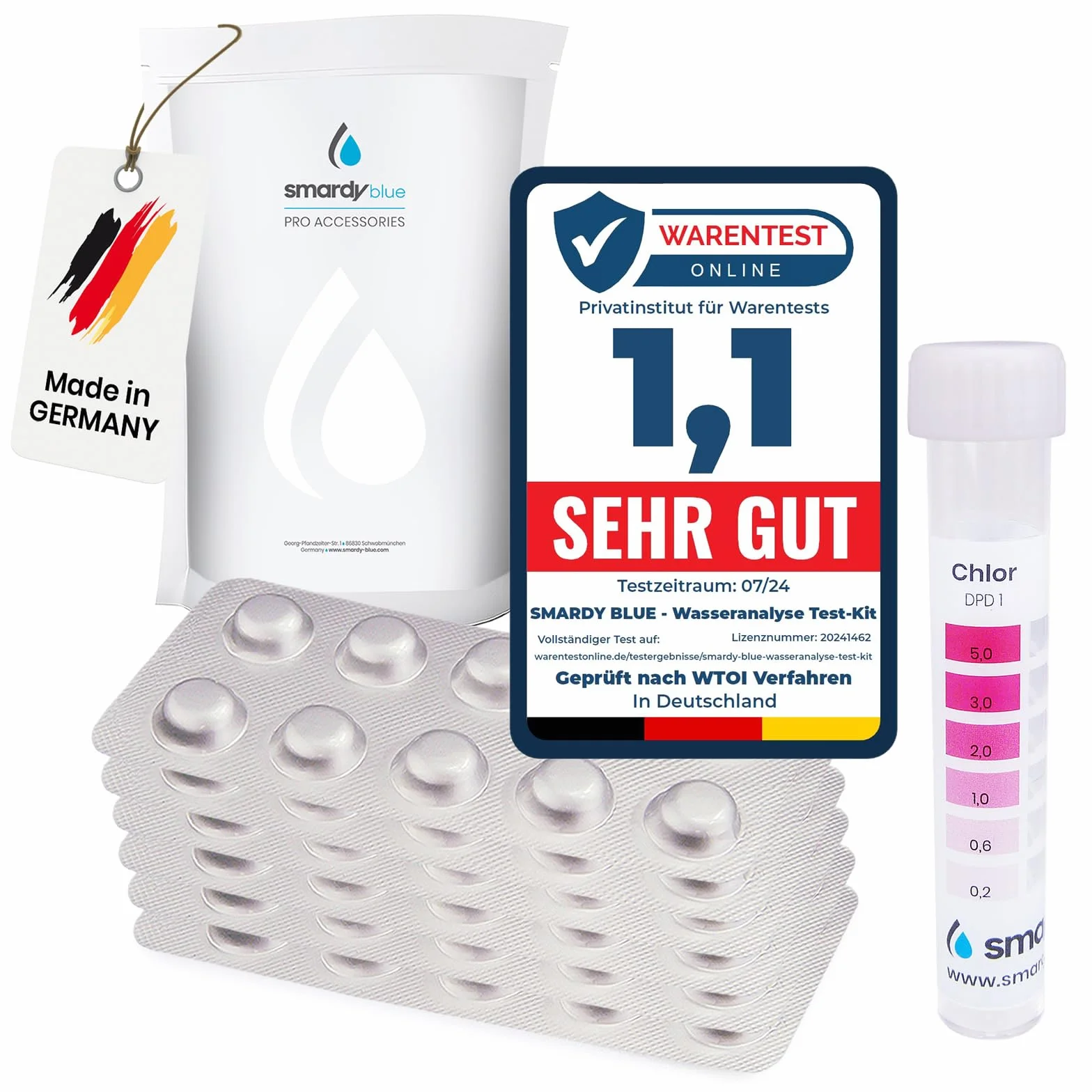 Pastiglie Test Rapido pH e Cloro 80 (40x Phenol Red + 40x DPD1) con provetta – per piscina, spa, acquario – Made in Germany