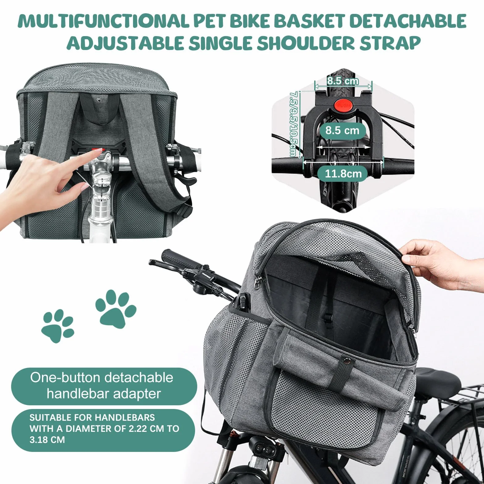Bigking Borsa per Bicicletta per Animali Domestici, Cestino Anteriore per Cani, Cestino Pieghevole per Bicicletta, Adatto per Equitazione All'aperto E Campeggio Con Animali Domestici (Grigio)