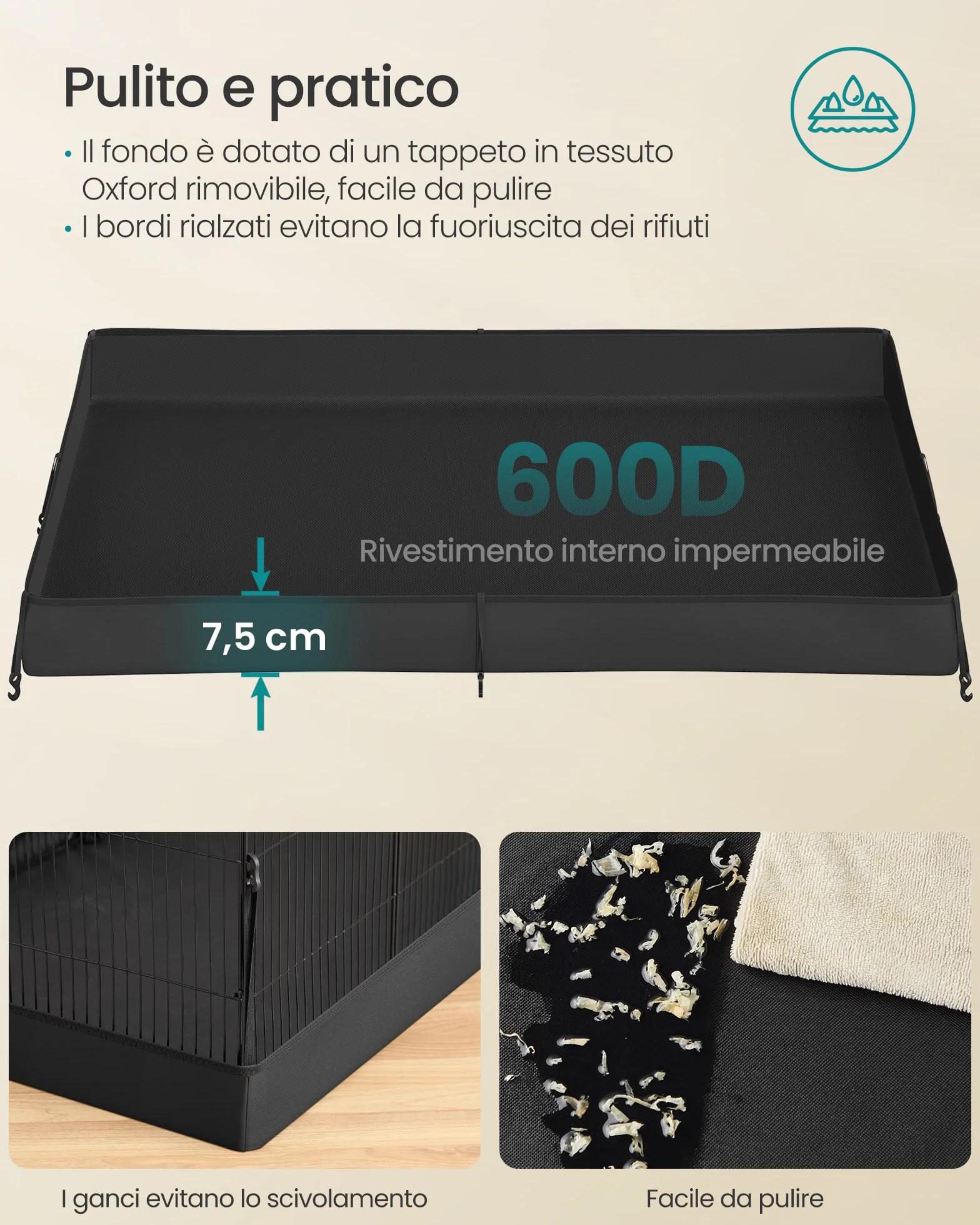 SONGMICS Recinto per Piccoli Animali, Parco Recinzione, Tappetino Impermeabile, Doppia Porta, per Conigli, Porcellini d’India, 20 Pannelli, 123 x 63 x 41,5 cm, Nero Inchiostro LPI012BH01
