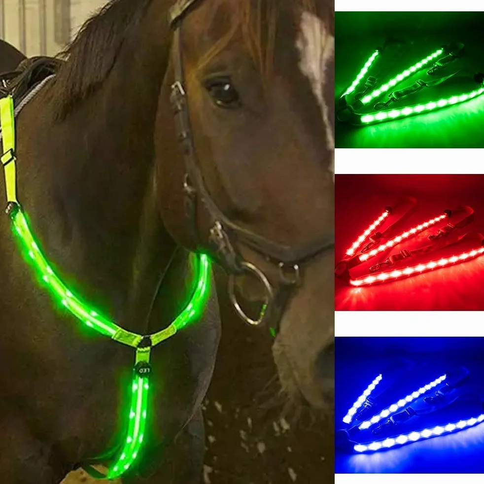 Imbracatura a LED, pettorale a LED, con luce a LED, per cavalli, per ambienti scuri, per esterni ed equestri (singola fila di luce verde)