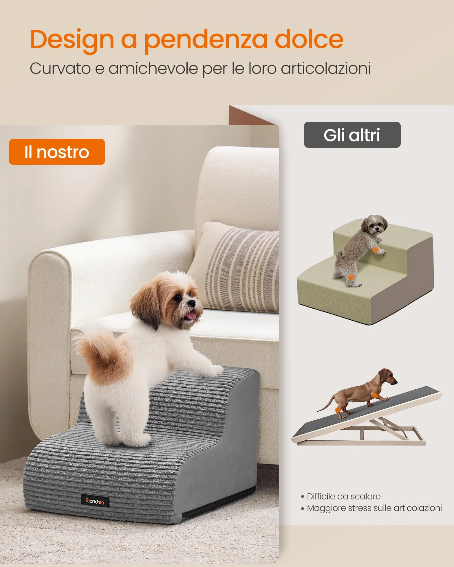 Feandrea Scala a 2 Gradini per Cani, Impermeabile Antiscivolo, Copertura Sfoderabile Lavabile, Grigio Tortora PPS002G01