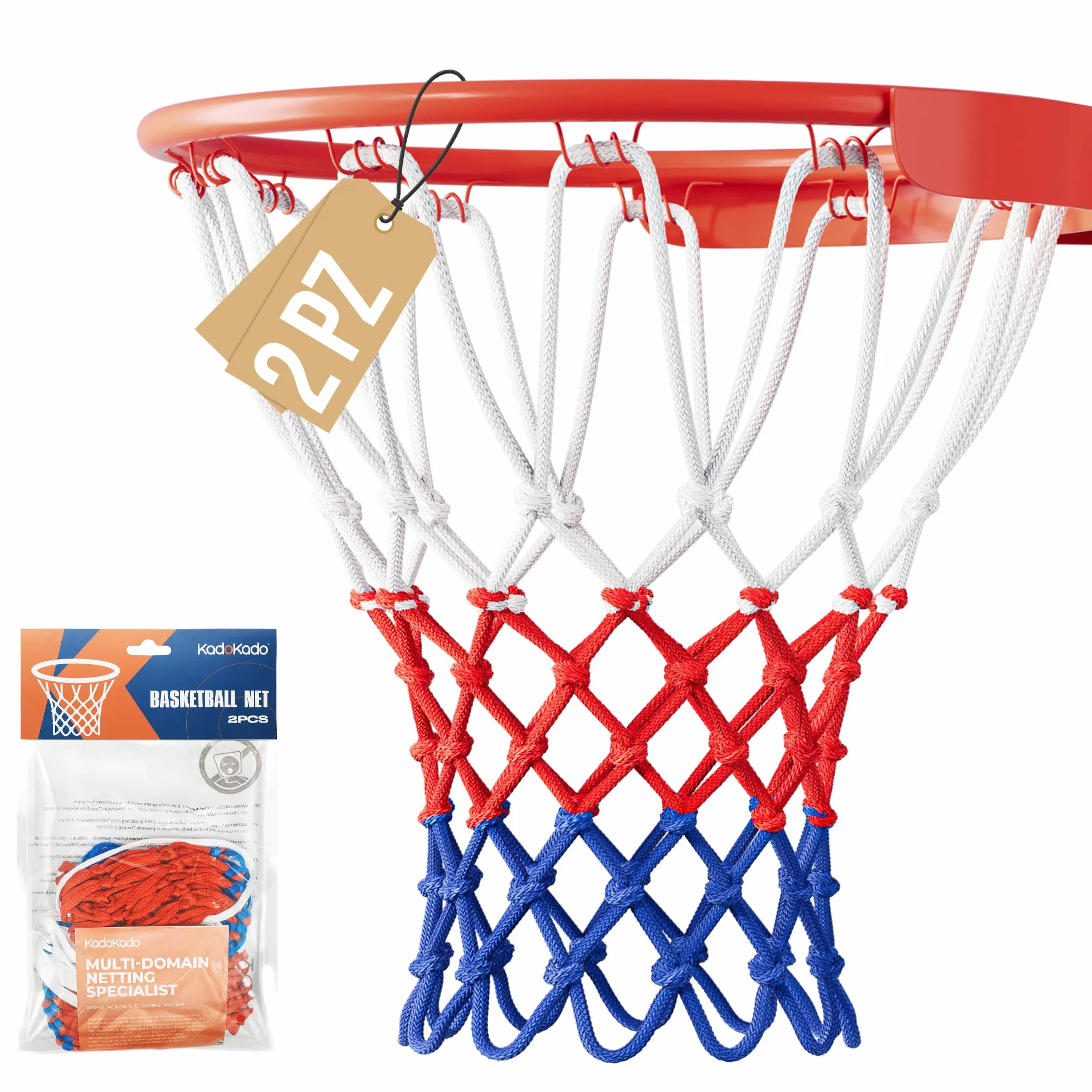 2 pezzi Rete per Basket Professionale 150g, Rete Resistente per Canestro Esterno, Anti Aggrovigliamento, Facile da Installare 12 Ganci, Colori Bianco Rosso Blu