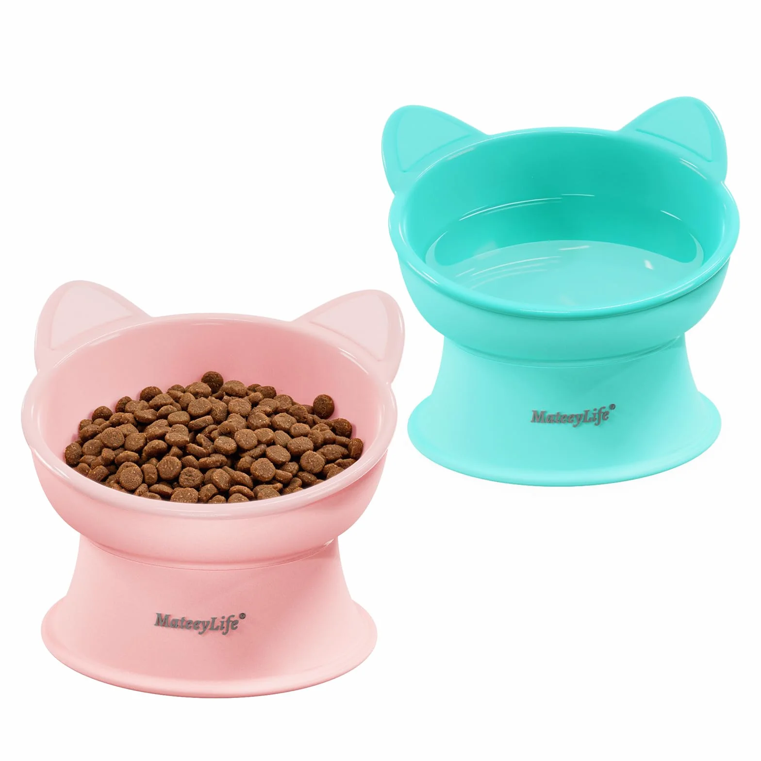MateeyLife Ciotole per Gatti Rialzate, Set da 2 Ciotole Rialzate per Gatti con 15 Gradi, Ciotola Rialzata per Gatti da Interno e Cani di Piccola Taglia, Anti-affaticamento dei Baffi,Rosa & Verde
