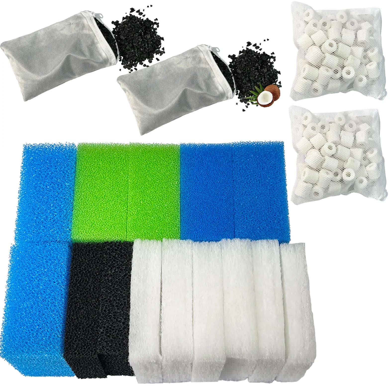Set di filtri per acquario compatibile con Juwel Bioflow 3.0 M (2 spugne sottili blu, 2 spugne grosse blu, 2 spugne verdi, 2 spugne ai carboni attivi, 6 ovatta filtrante, 2 filtri al carbone